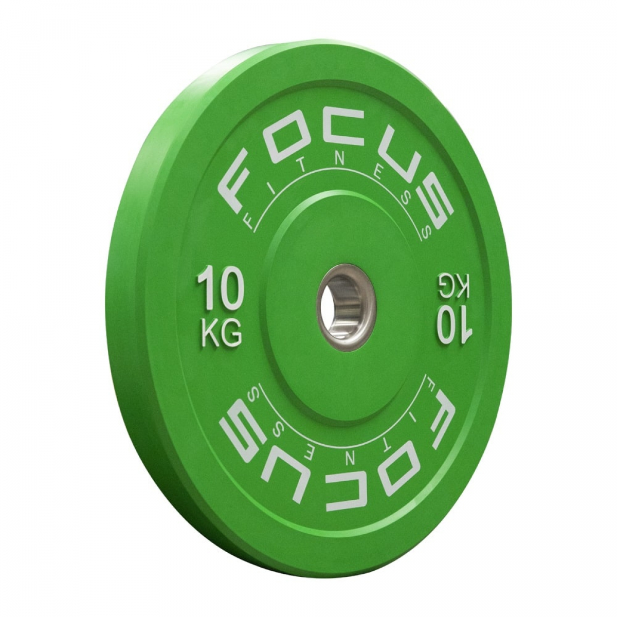 Groene gewichtplaat met witte tekst. Focus Fitness logo, 10 KG gewichtsmarkering. Geïsoleerd op wit.