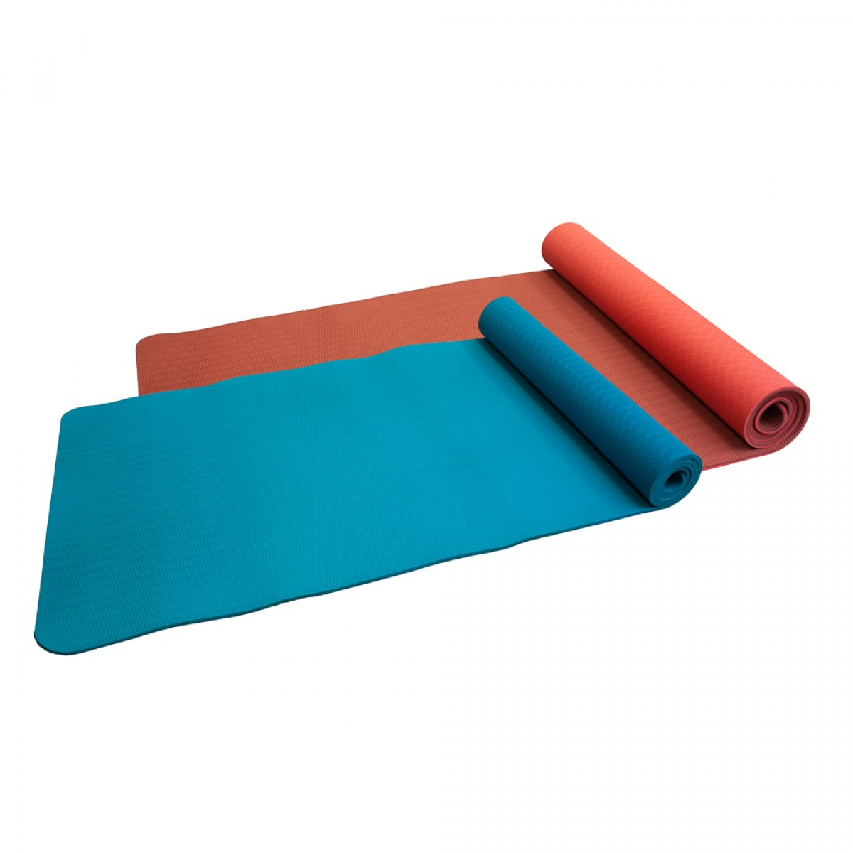 Three yoga mats, red, blue, and orange. One is rolled and the others are flat on white background.