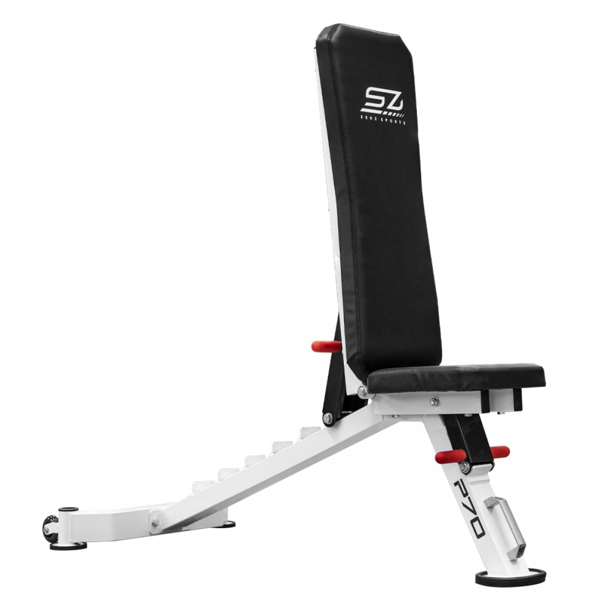 White and black weight bench. Adjustable backrest, red adjustment levers, SZ SENZ SPORTS logo.