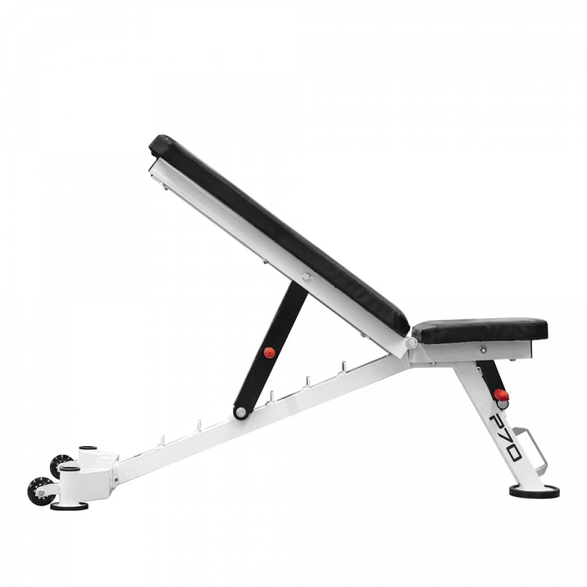 White and black weight bench with adjustable incline and wheels, white background.