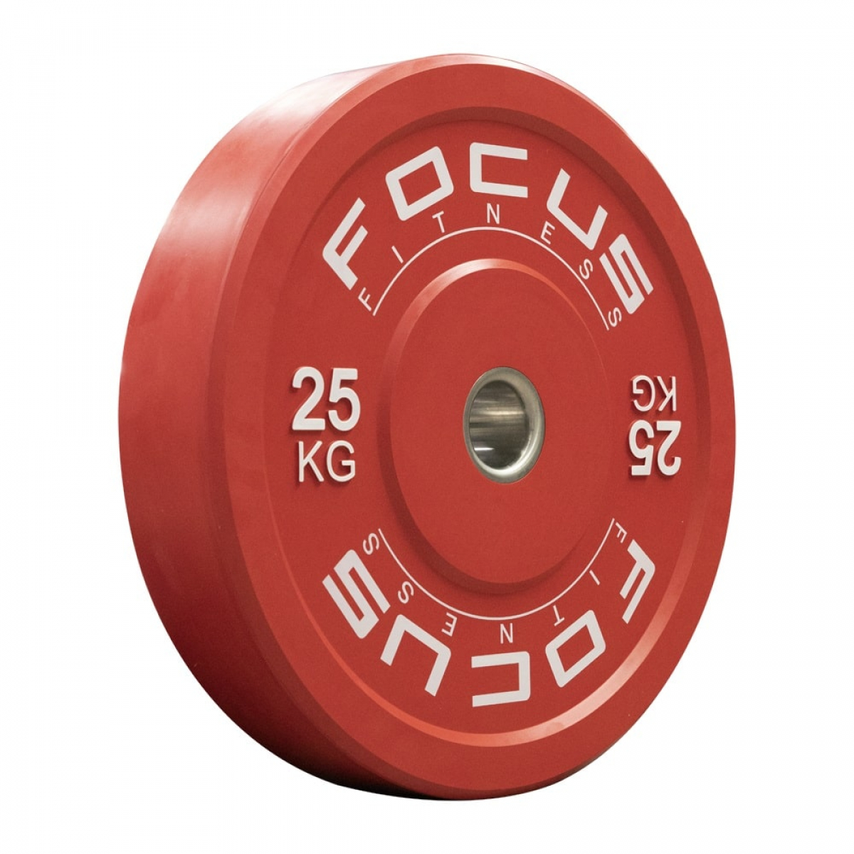 Rode gewichtschijf met witte tekst. Leest "FOCUS FITNESS" en "25 KG".
