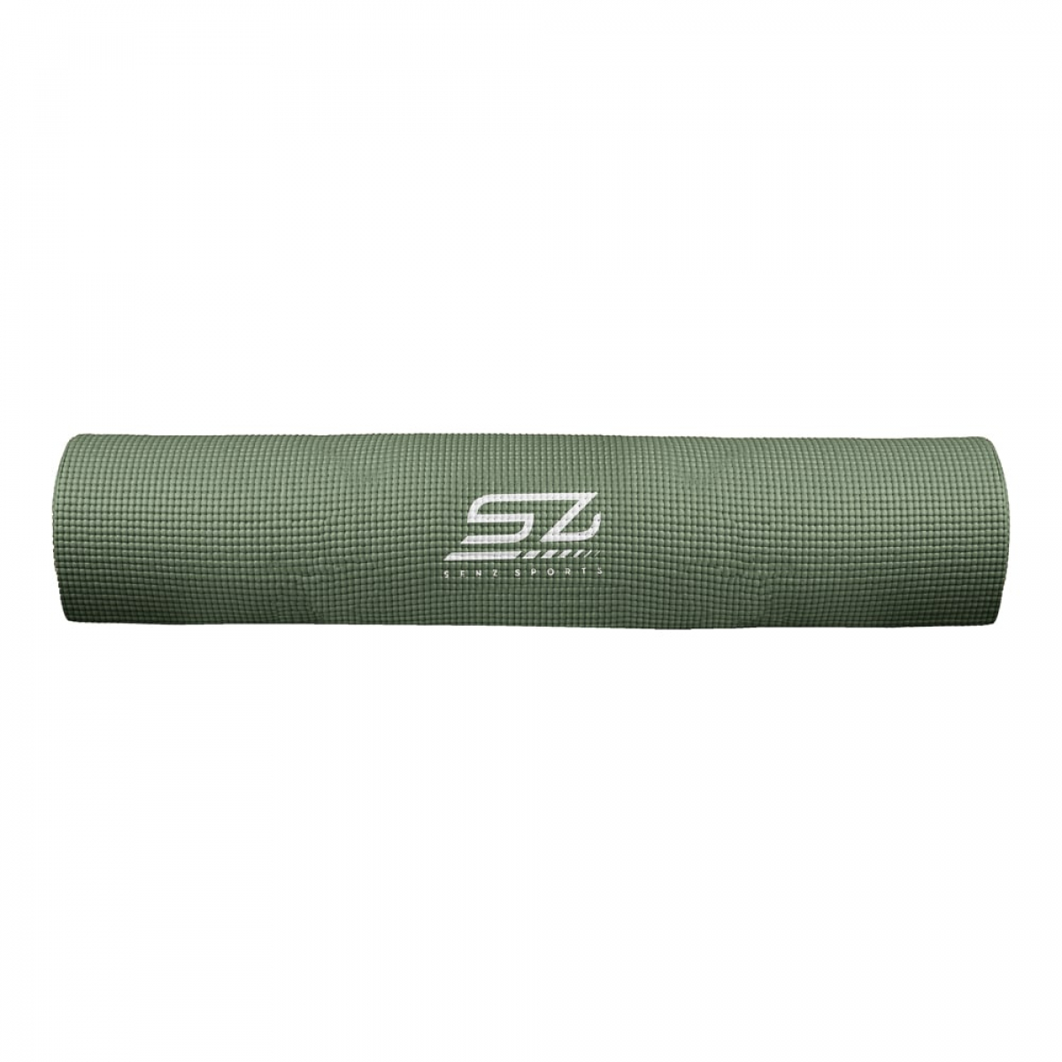 Rolled green yoga mat with white logo. Mat is rolled, logo visible, on a white background.
