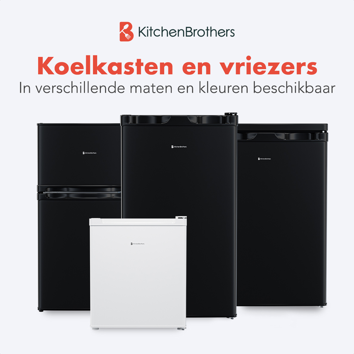 Four refrigerators of different sizes and colors, with text 'Kitchen Brothers'.