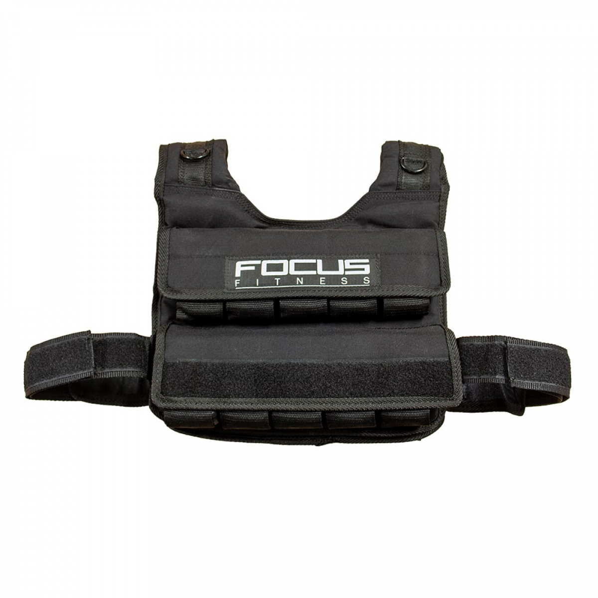 Gilet lesté noir avec les mots 'FOCUS FITNESS' en blanc. Des sangles velcro sont sur les côtés.