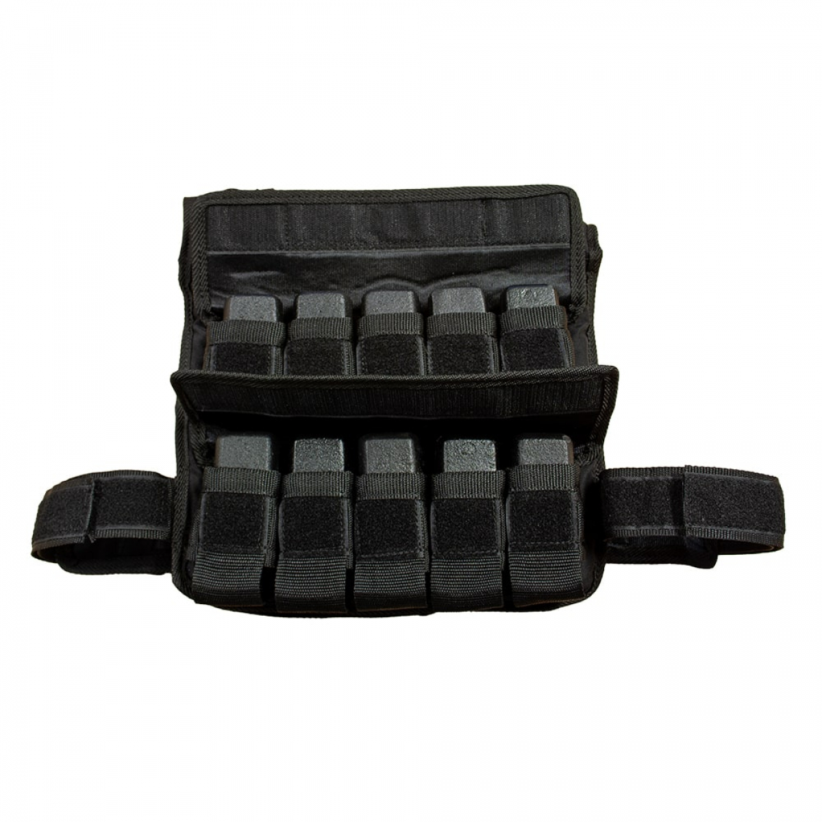 Un gilet lesté noir avec plusieurs poches, isolé sur fond blanc. Attaches velcro.