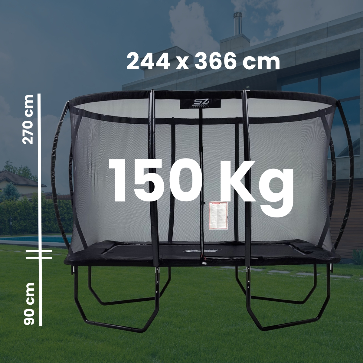 Grote trampoline met zwart net. Tekst met afmetingen en gewichtsdetails op de achtergrond.