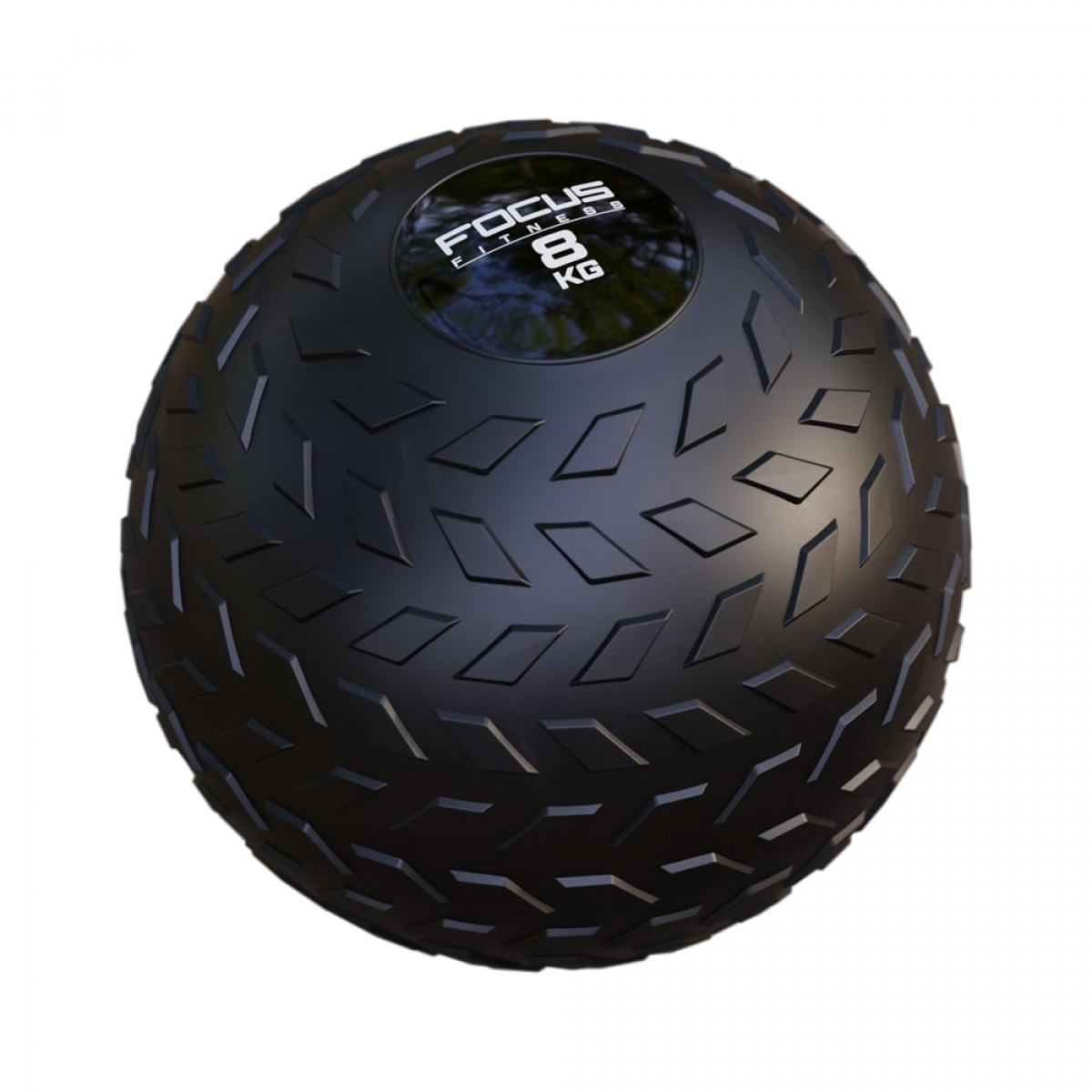 Black textured medicine ball with FOCUS FITNESS 8 KG text, white background.