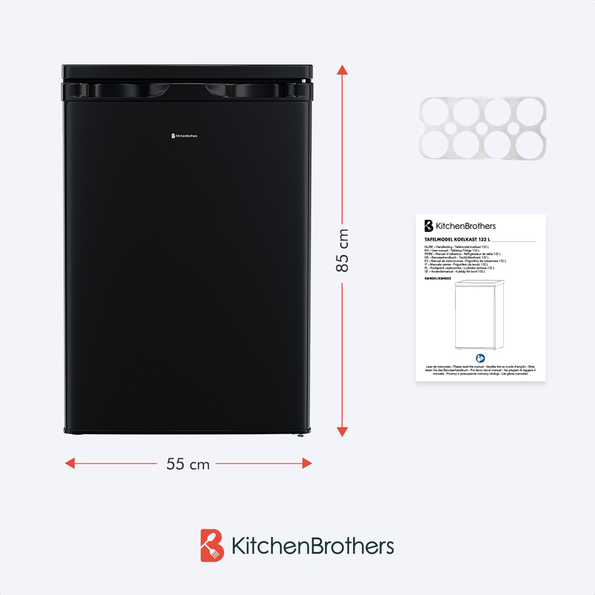 Black refrigerator with dimensions 85 cm high and 55 cm wide, with white background.