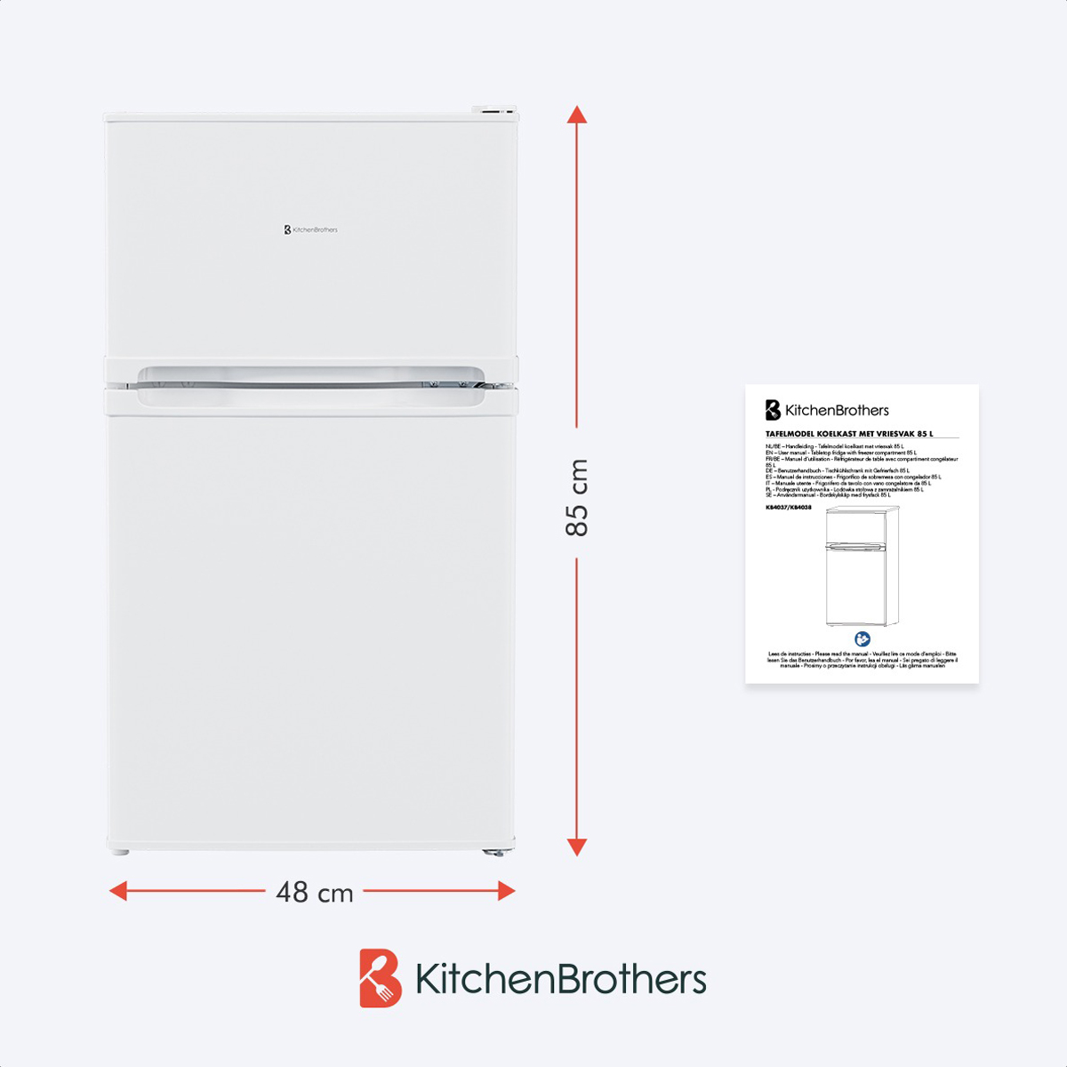 White refrigerator. The dimensions are 85cm high and 48cm wide. A document with instructions is next to it.