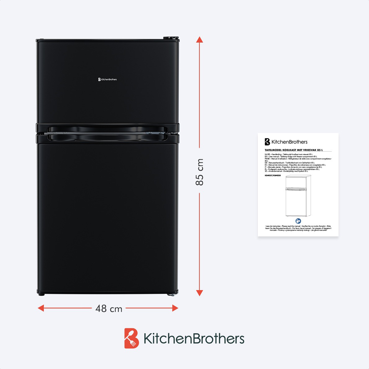 Black refrigerator. The dimensions are 85cm high and 48cm wide. A document with instructions is next to it.