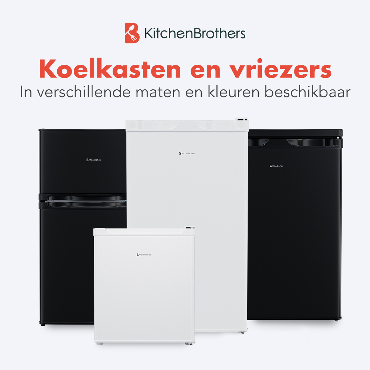 Four refrigerators of different sizes and colors, with text 'Kitchen Brothers'.