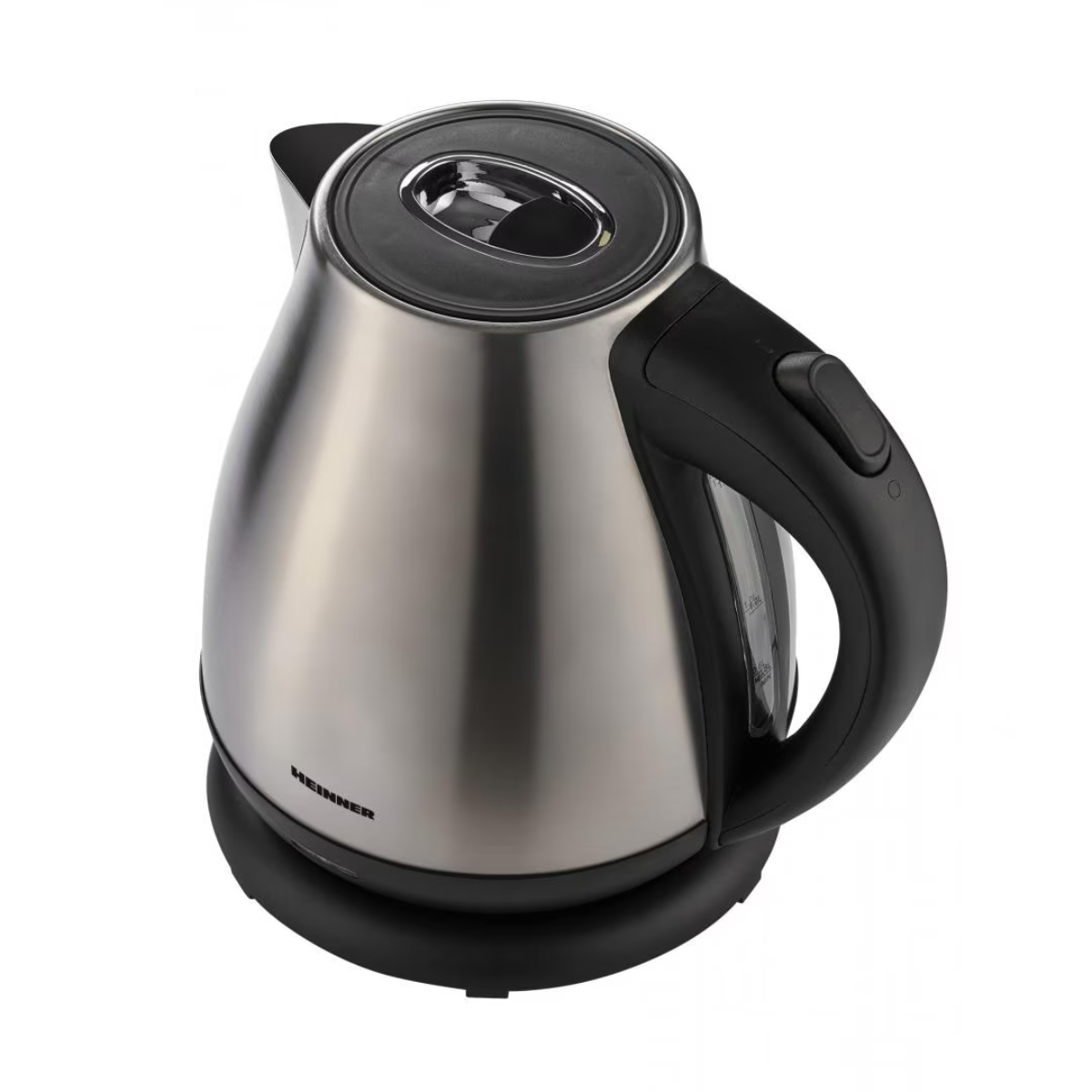 A stainless steel electric kettle. It has a black base and handle.
