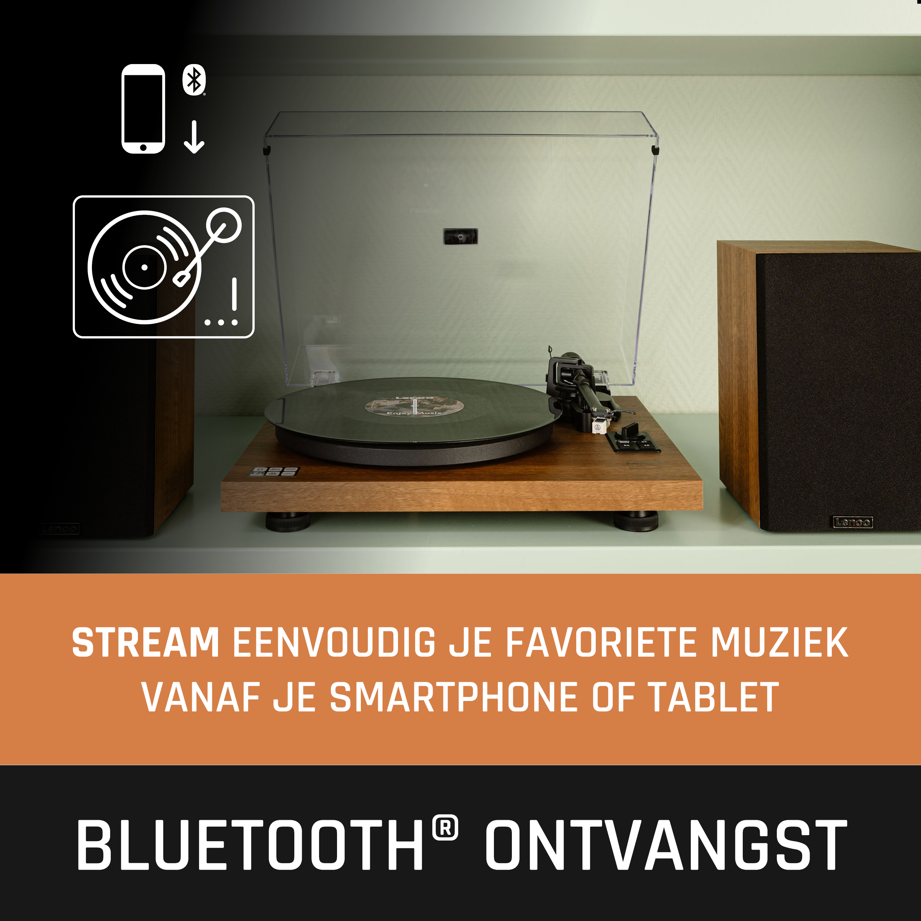 Turntable playing music, with speakers on both sides and text promoting Bluetooth.