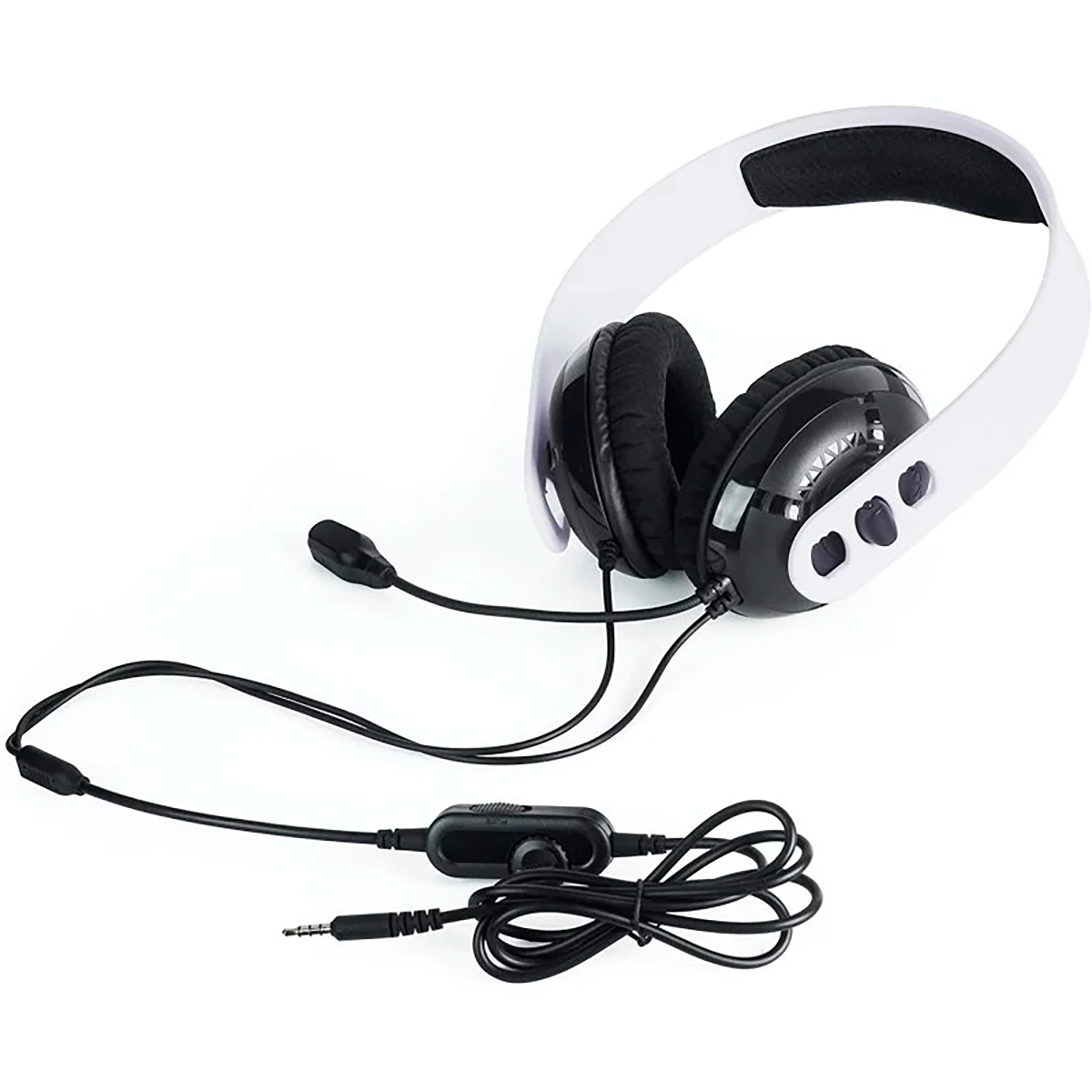 Cuffie da gioco bianche e nere con microfono. Ha padiglioni neri e una fascia bianca.