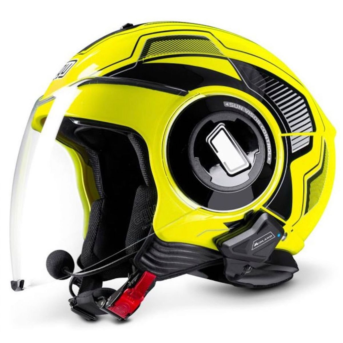 Żółto-czarny kask motocyklowy z przezroczystym wizjerem. Dołączony mikrofon. Kask ma regulację osłony przeciwsłonecznej.