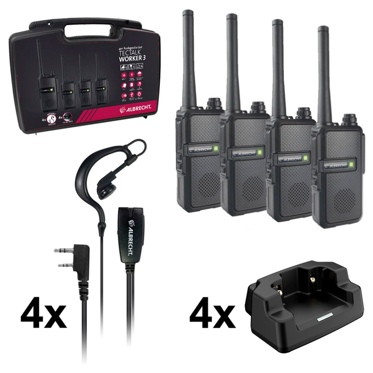 Walkie-Talkie-Set: vier Funkgeräte, ein Ladegerät, Headset und Tragetasche.