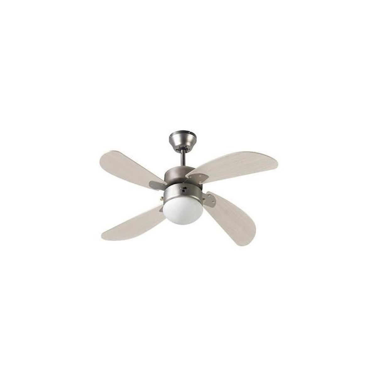 Ceiling fan with four wooden blades, a silver motor and a light. White background.