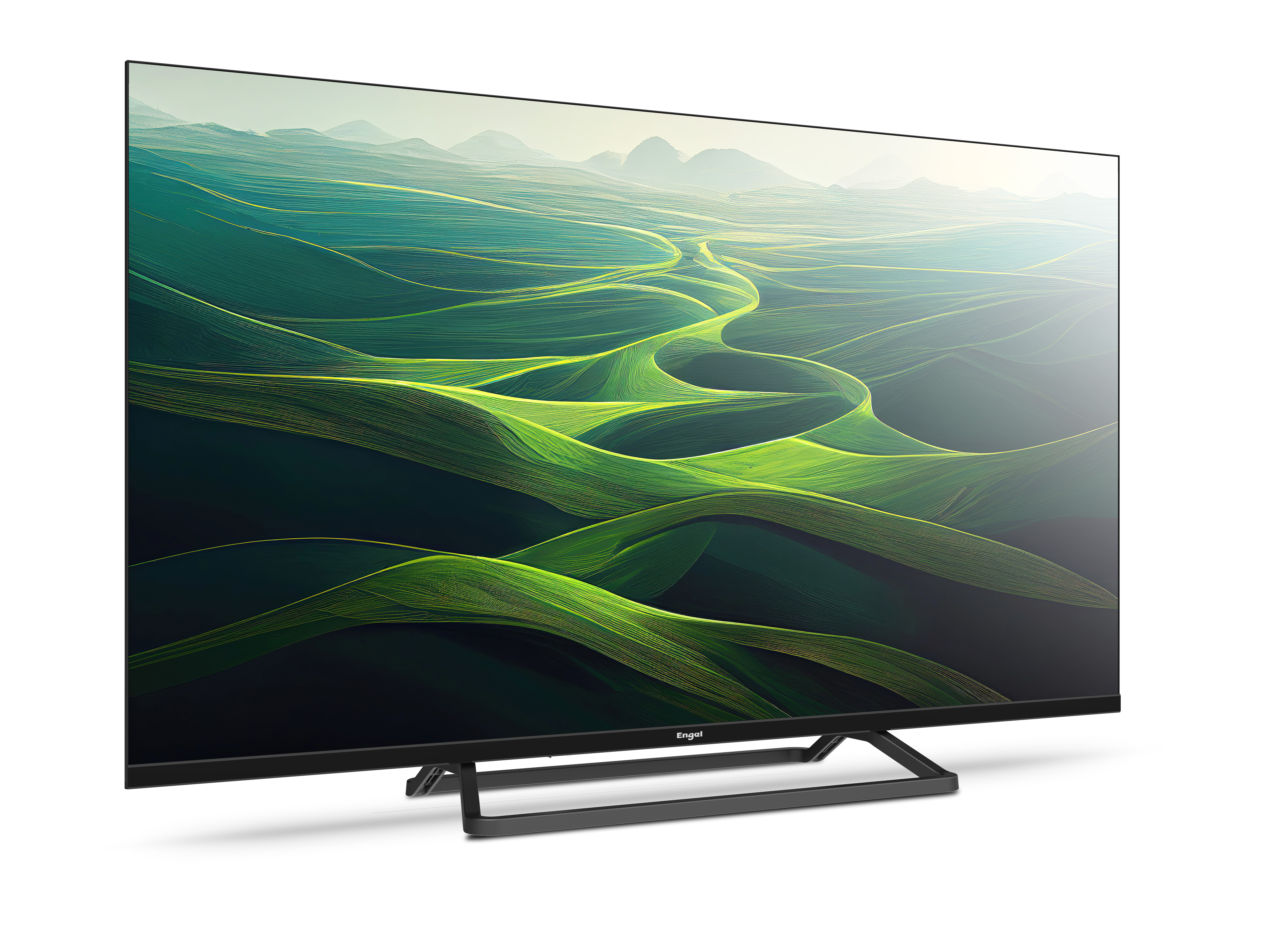 Un televisor negro grande muestra un paisaje verde y abstracto.