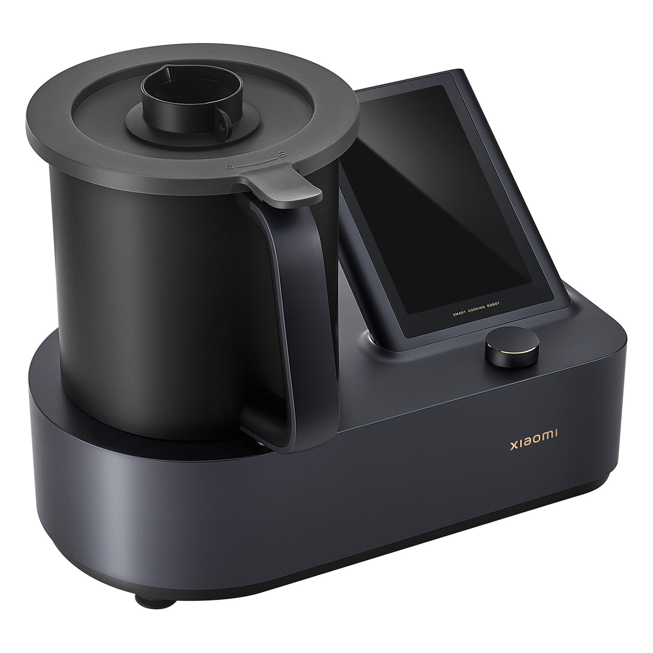 Schwarze Küchenmaschine mit Deckel, Griff und Touchscreen-Display.