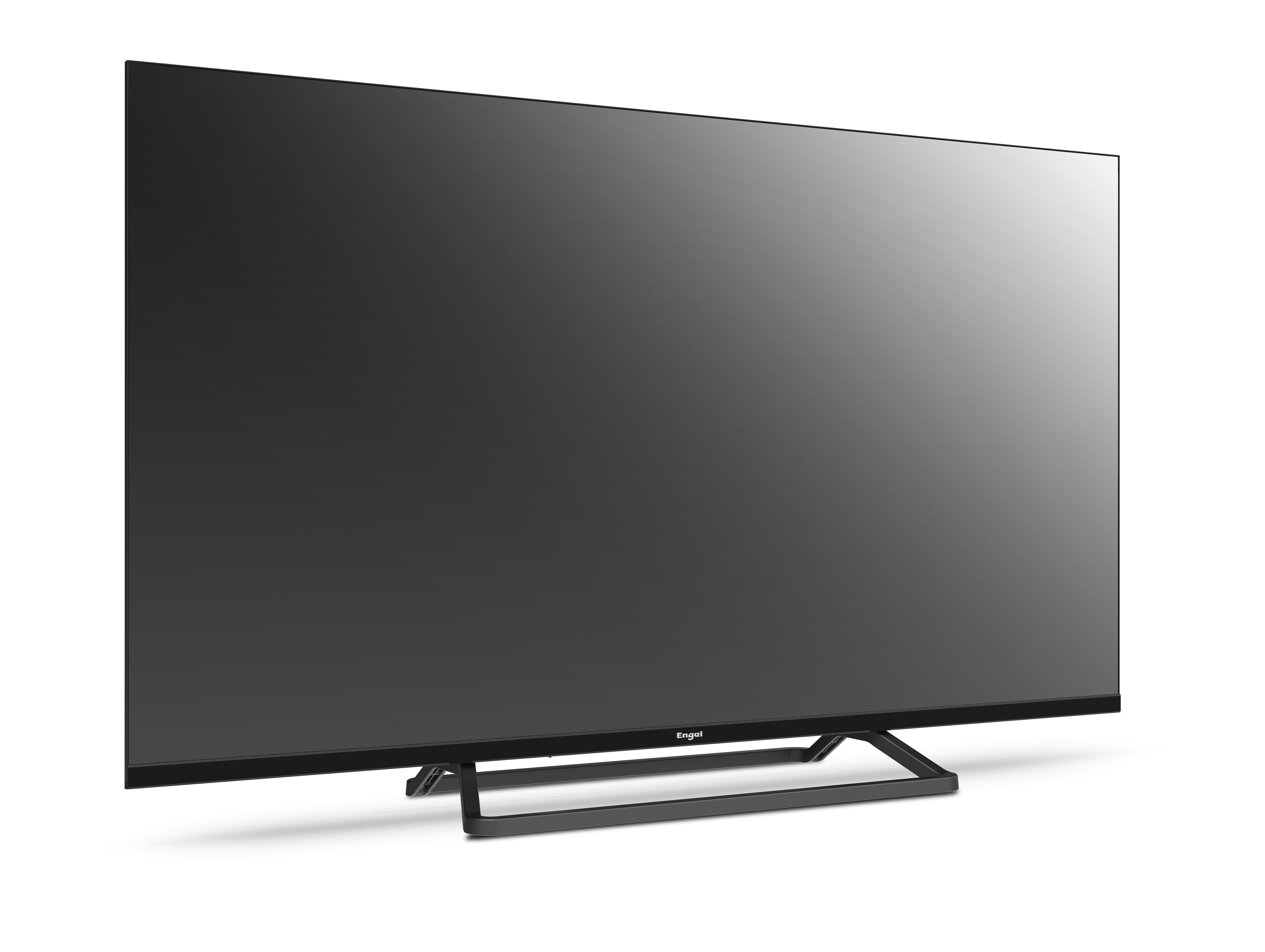 Duży, czarny telewizor z płaskim ekranem z prostą podstawą, na białym tle.