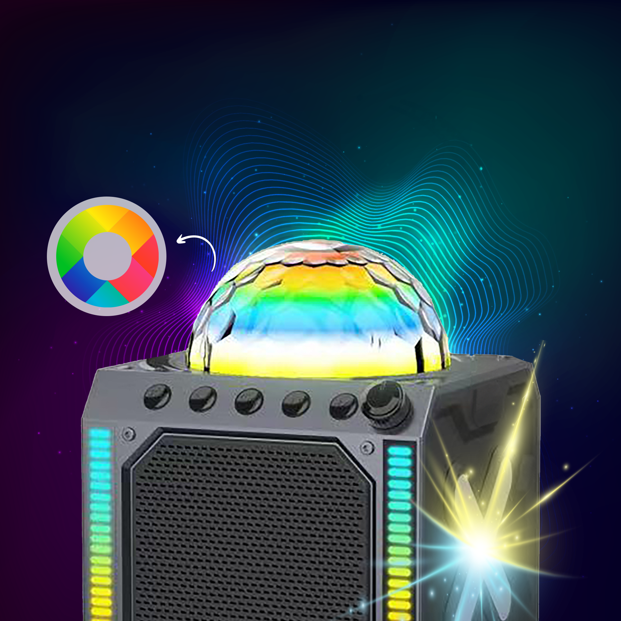 Een discobalvormige luidspreker met regenboogkleurig licht, naast een kleurenwiel.