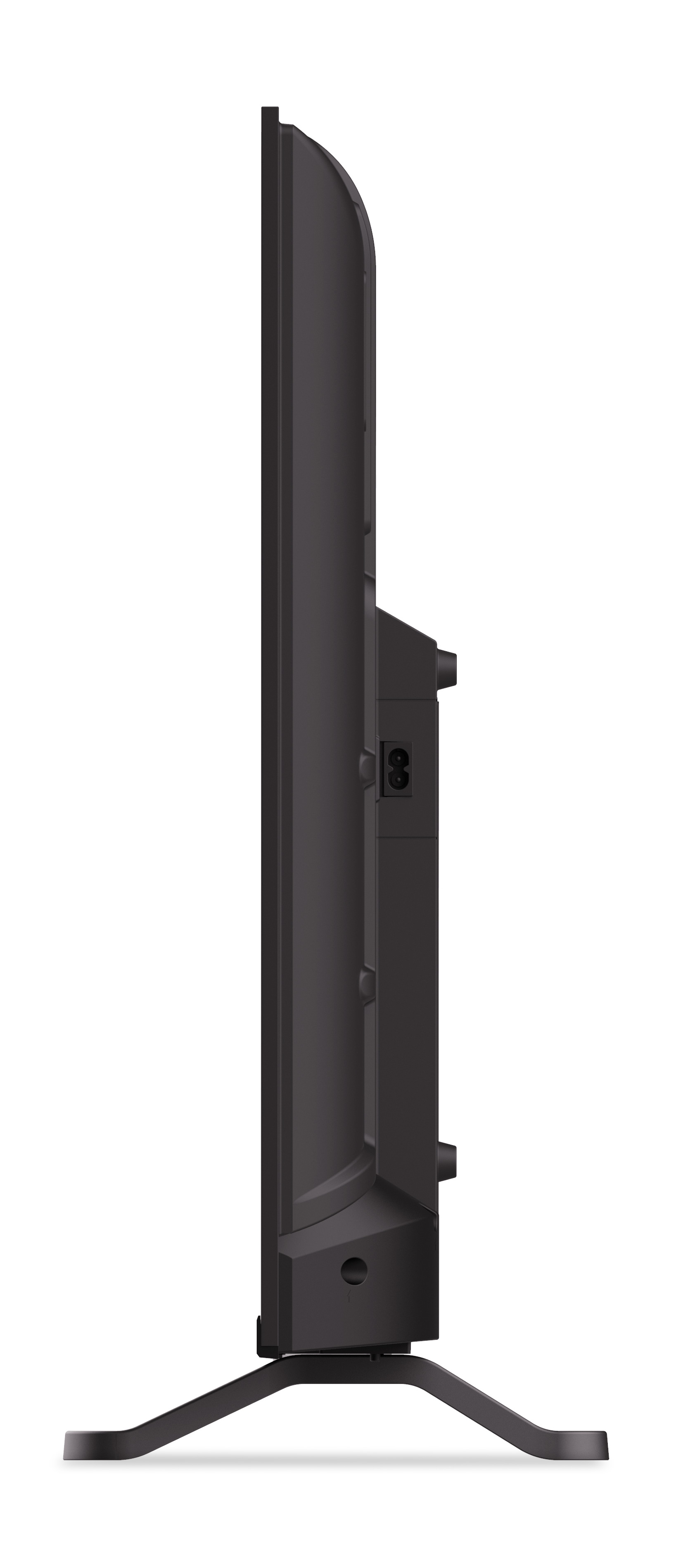 Czarny telewizor z profilu na stojaku. Wyświetlacz jest wyłączony. Minimalistyczny design.