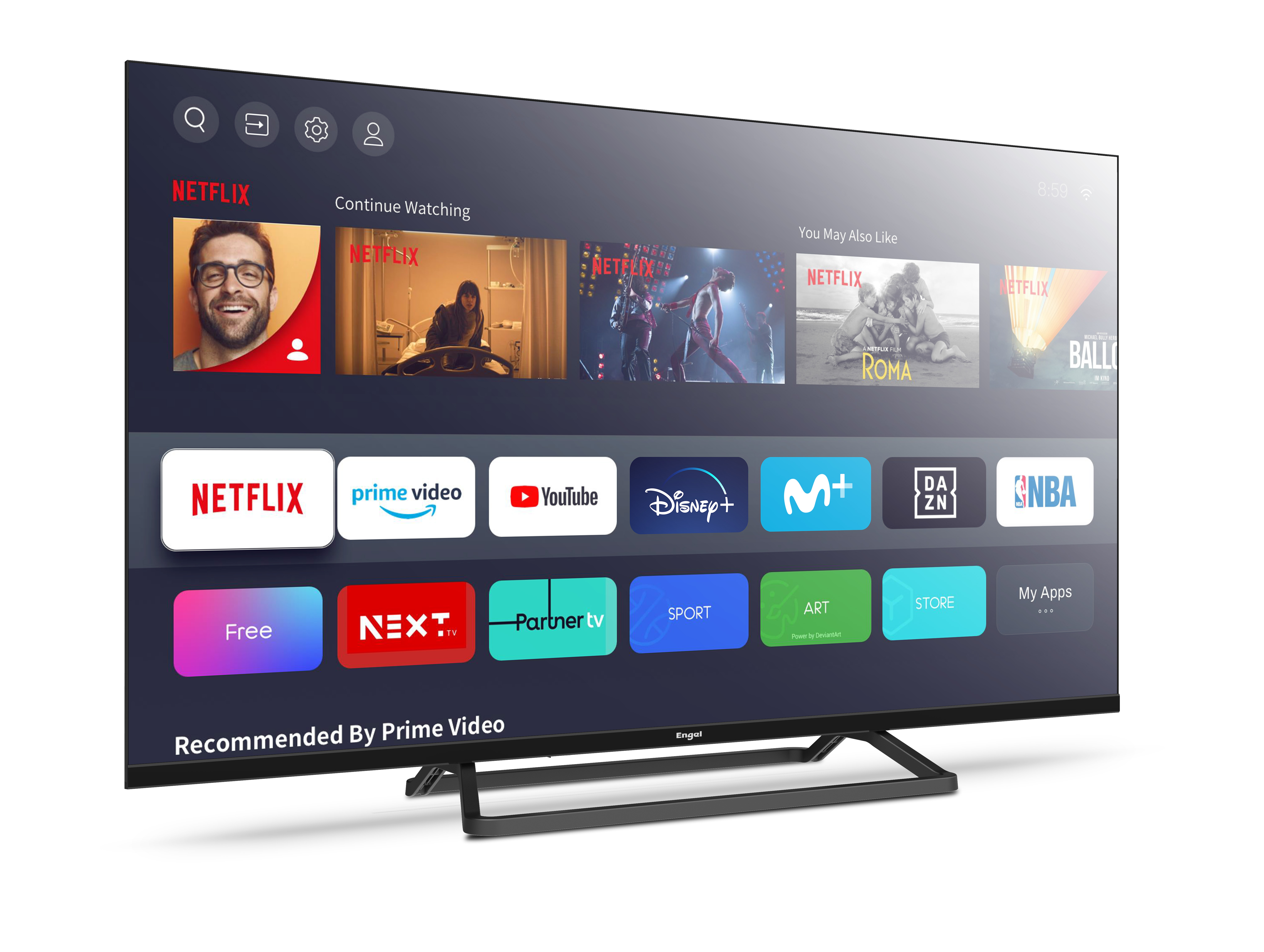 Duży Smart TV z aplikacjami streamingowymi. Widoczne loga Netflix, Prime Video i YouTube. Czarna ramka.