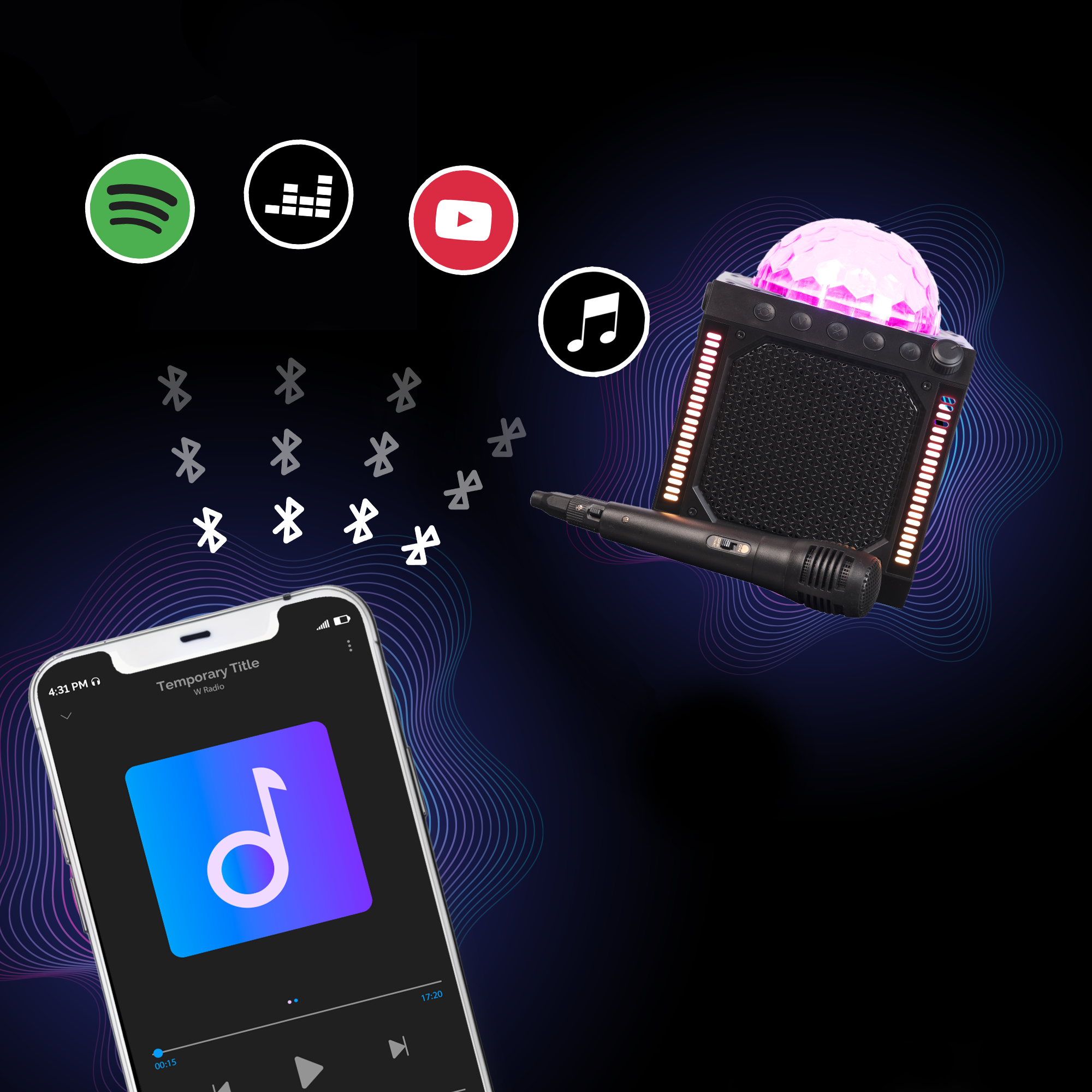 Een smartphone die muziek afspeelt met Bluetooth-pictogrammen en een karaokespeaker met discobal op een donkere achtergrond.