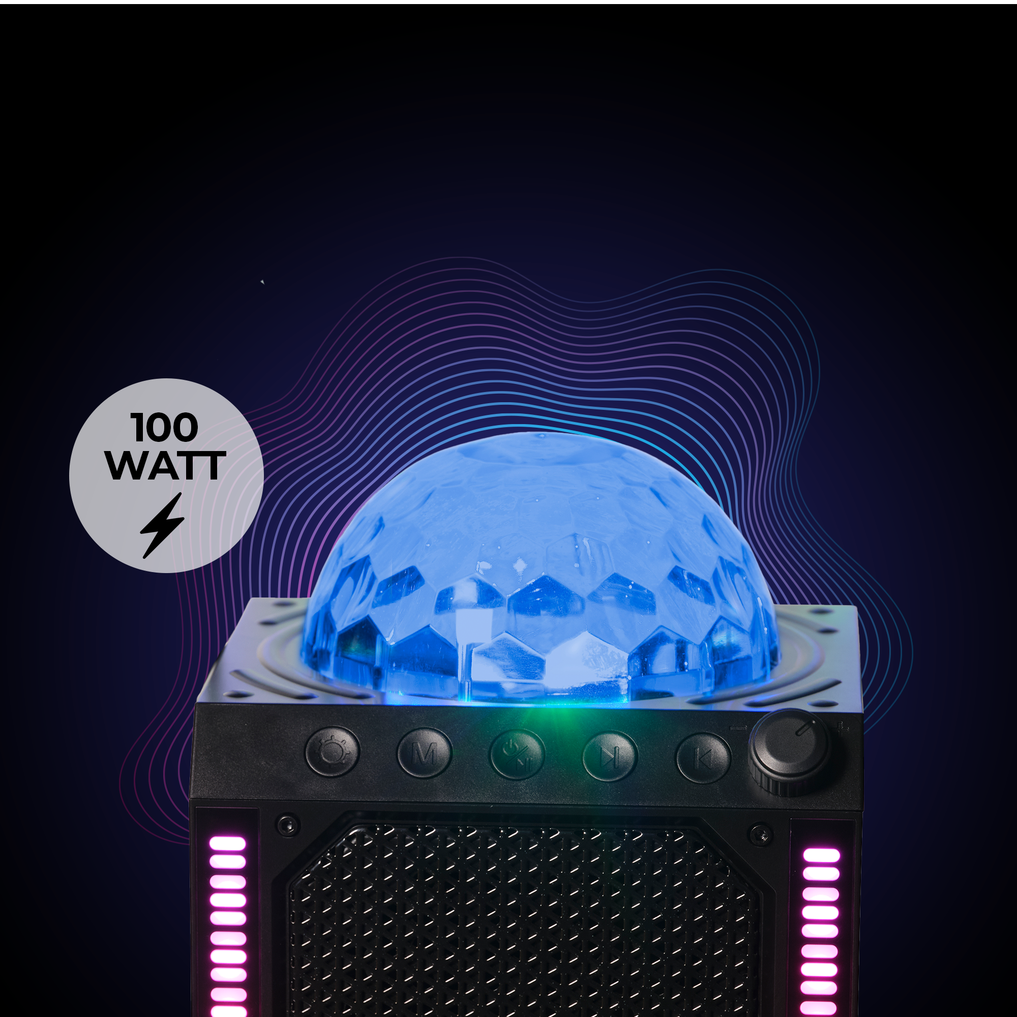 Zwarte luidspreker met blauw verlichte koepel en een 100-watt symbool op donkere achtergrond.