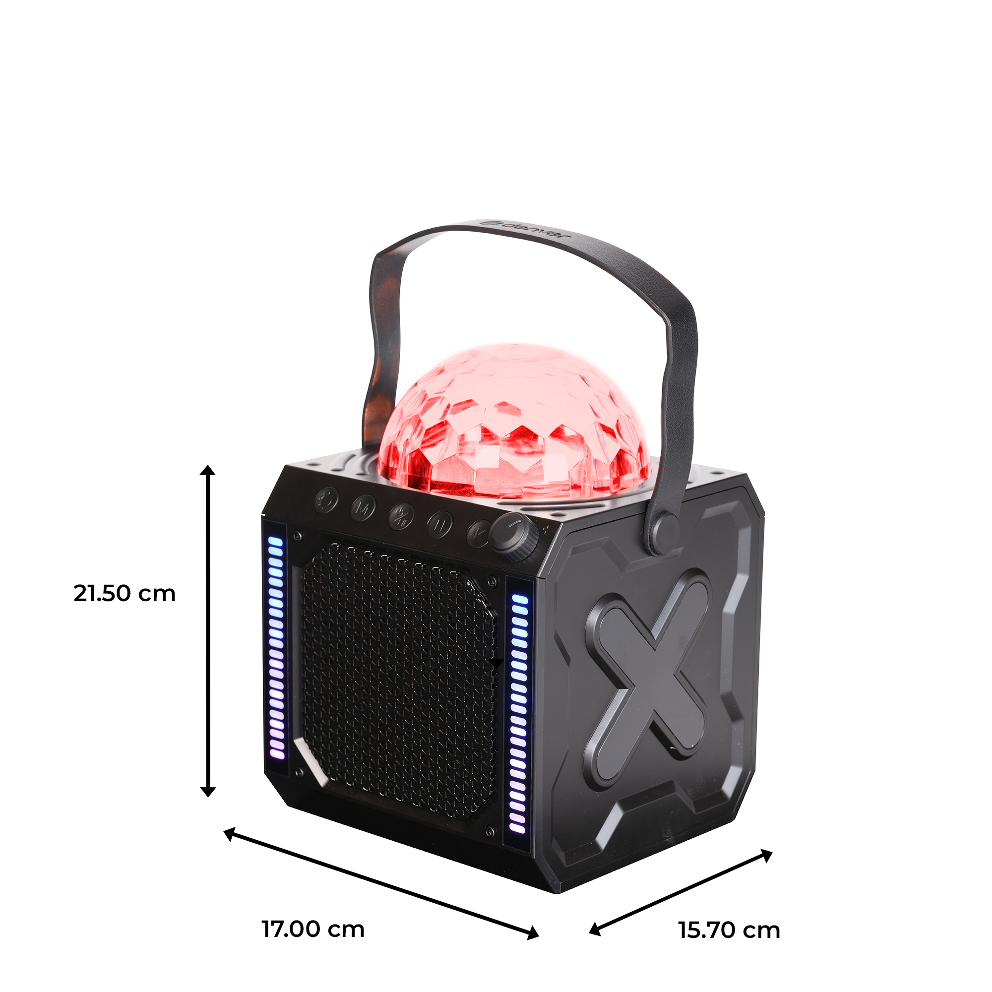 Zwarte speaker met rood oplichtende bol. Afmetingen zijn aangegeven.