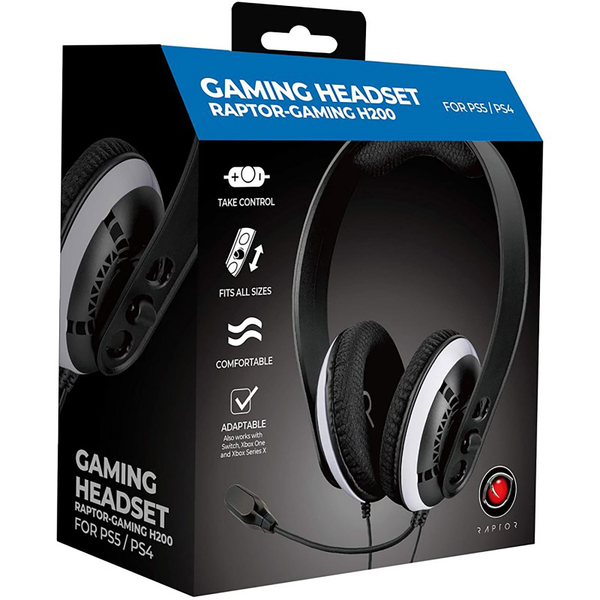Cuffie da gaming in bianco e nero in una scatola. La scatola mostra le cuffie e caratteristiche come comfort e adattabilità.
