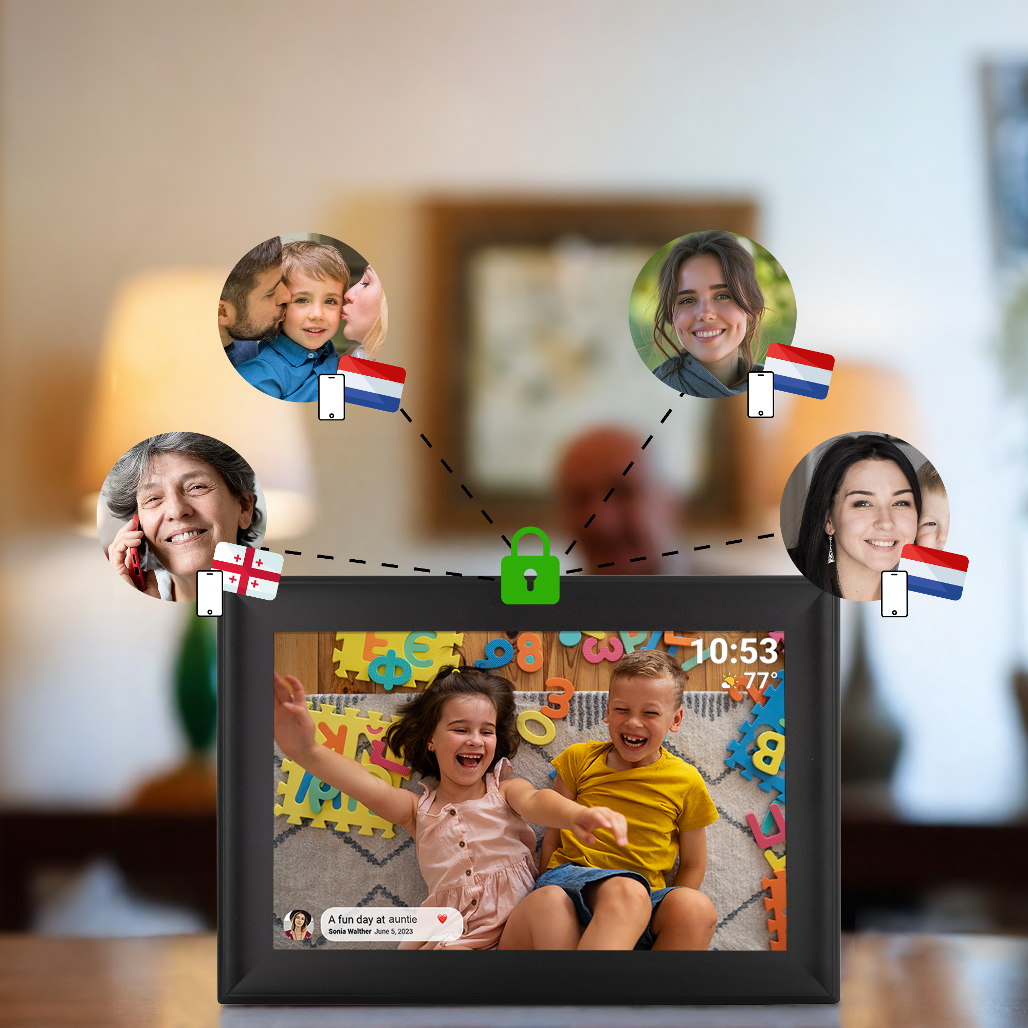 Cadre photo numérique affichant un appel vidéo familial. Les gens sont à l'écran ; les drapeaux indiquent l'emplacement.