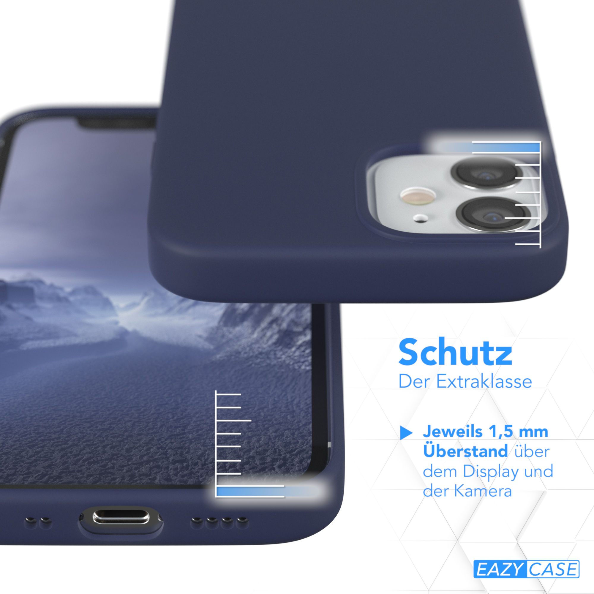 Eine blaue Handyhülle auf einem Telefon. Die Hülle hat einen Ausschnitt für die Kamera und einen Schutzrand.