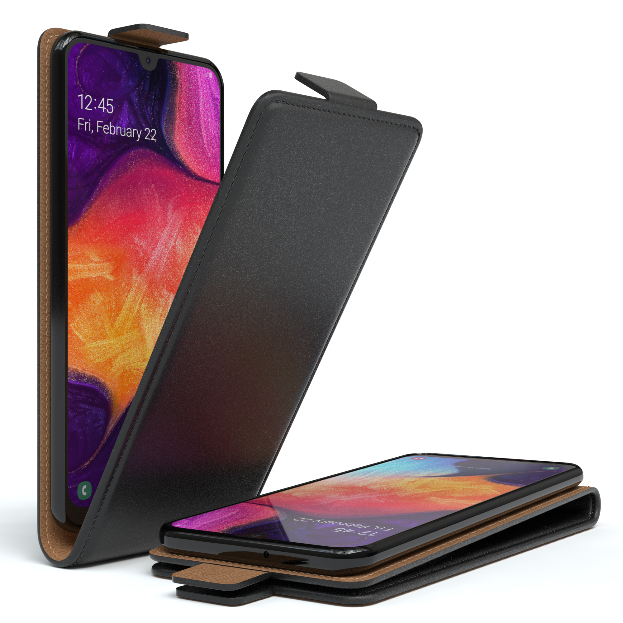 Schwarzes und braunes Handy-Case. Das Telefon ist sichtbar, mit Uhrzeit und Datum.