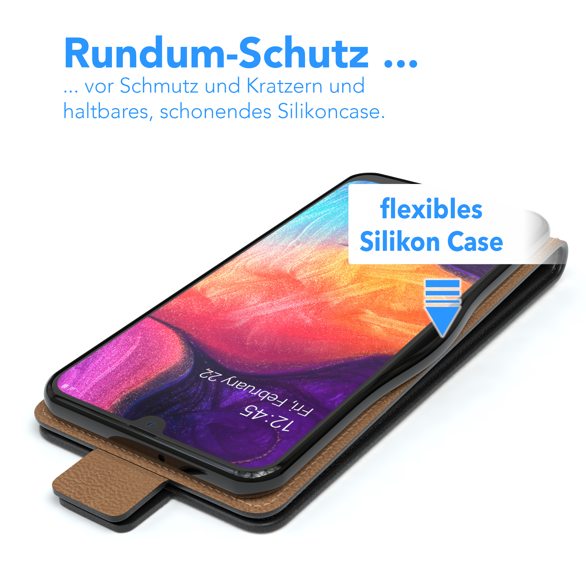 Smartphone in einer Hülle, mit Text und einem blauen Pfeil, der auf das Wort "Silikon Case" zeigt.