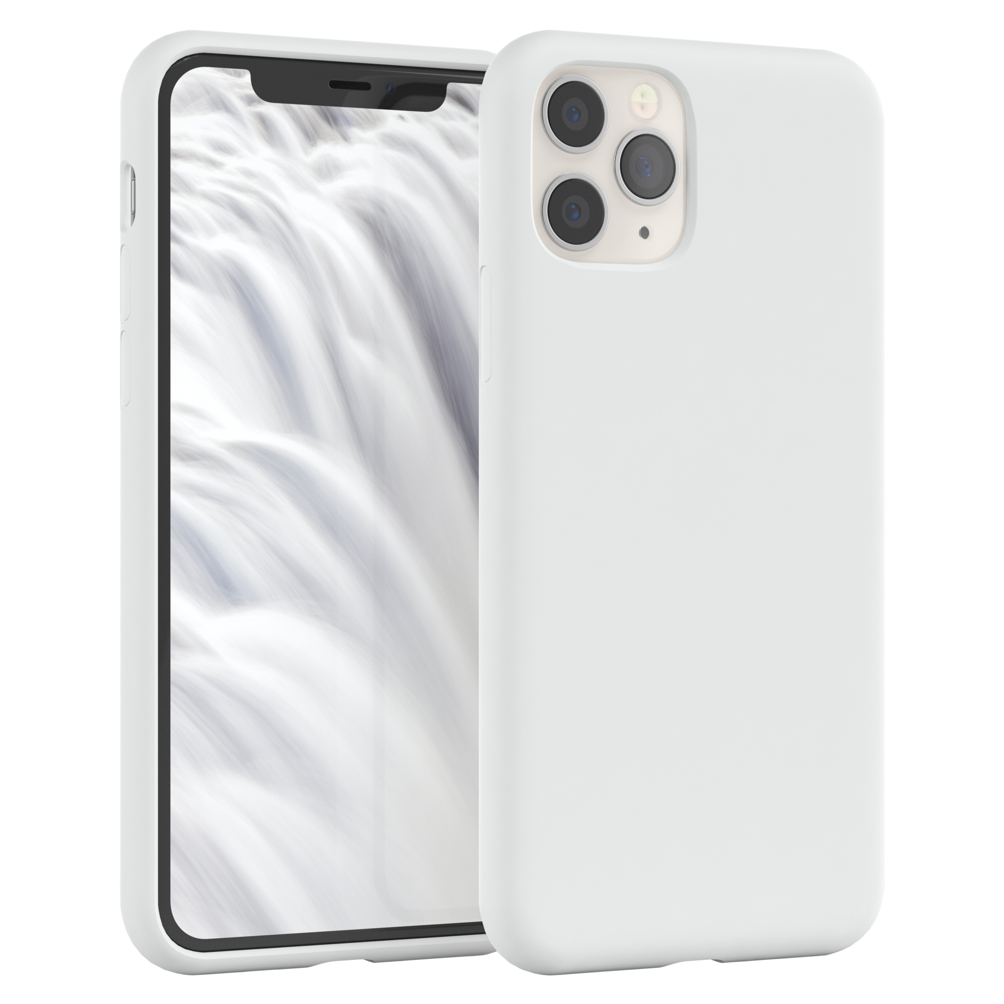 Weißes Telefongehäuse auf weißem Hintergrund. iPhone 11 Pro mit Hülle drumherum.