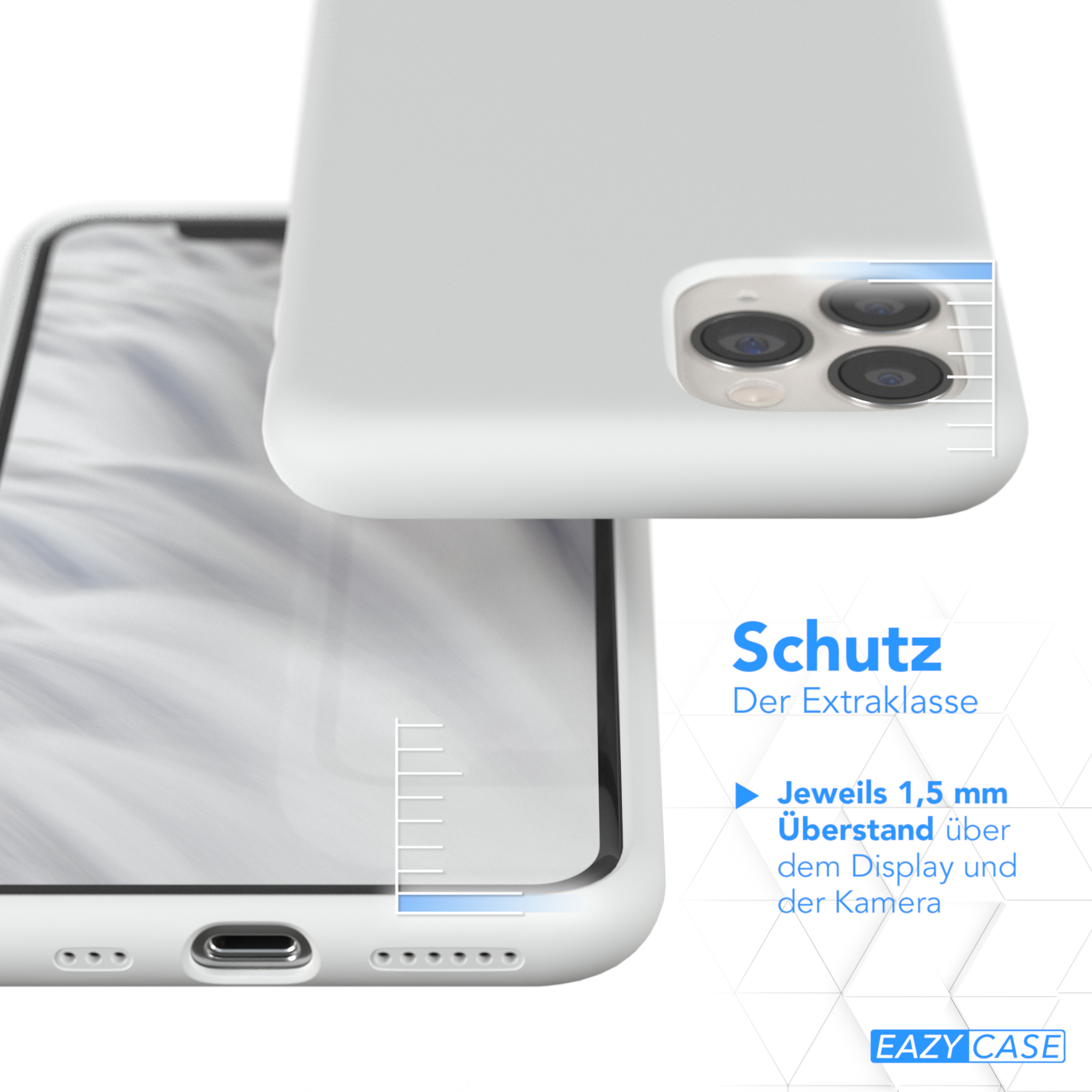 Eine weiße Handyhülle mit teilweise sichtbarem Telefon, mit Text über Bildschirm- und Kameraschutz.