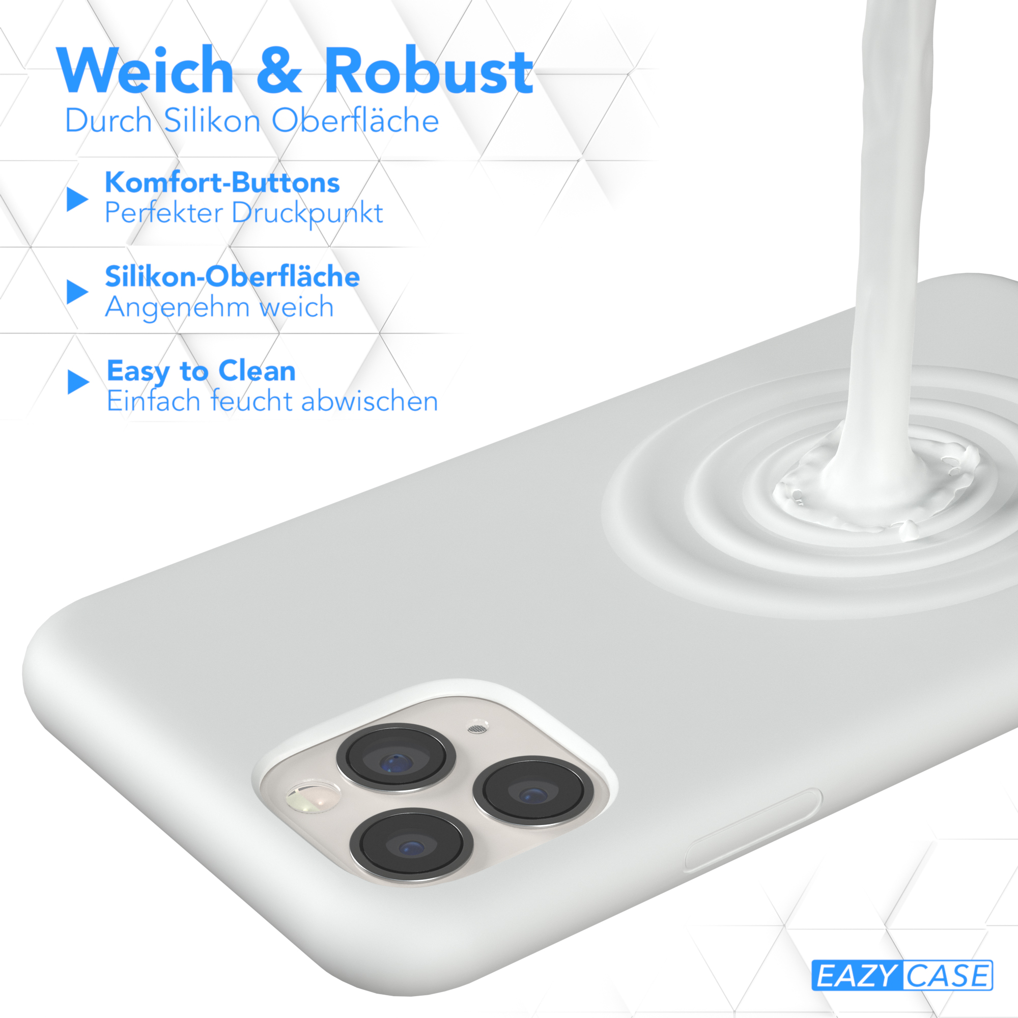 Weißes Handycase mit geschwungenem Design. Flüssigkeit wird darauf gegossen.