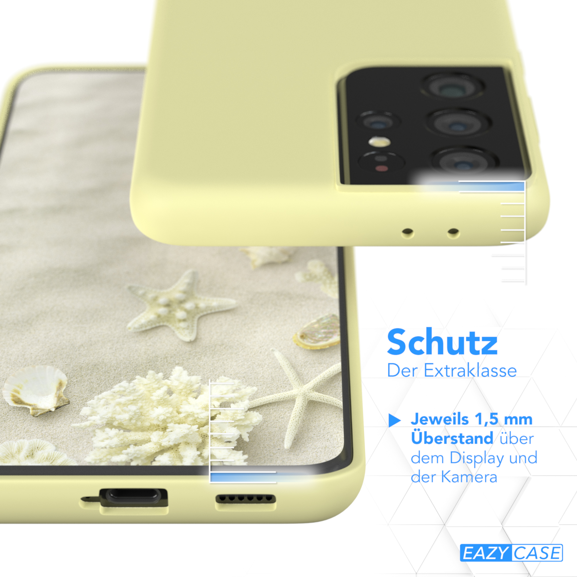 Telefonhülle auf Sandhintergrund mit Muscheln. Telefon ist hellgelb.