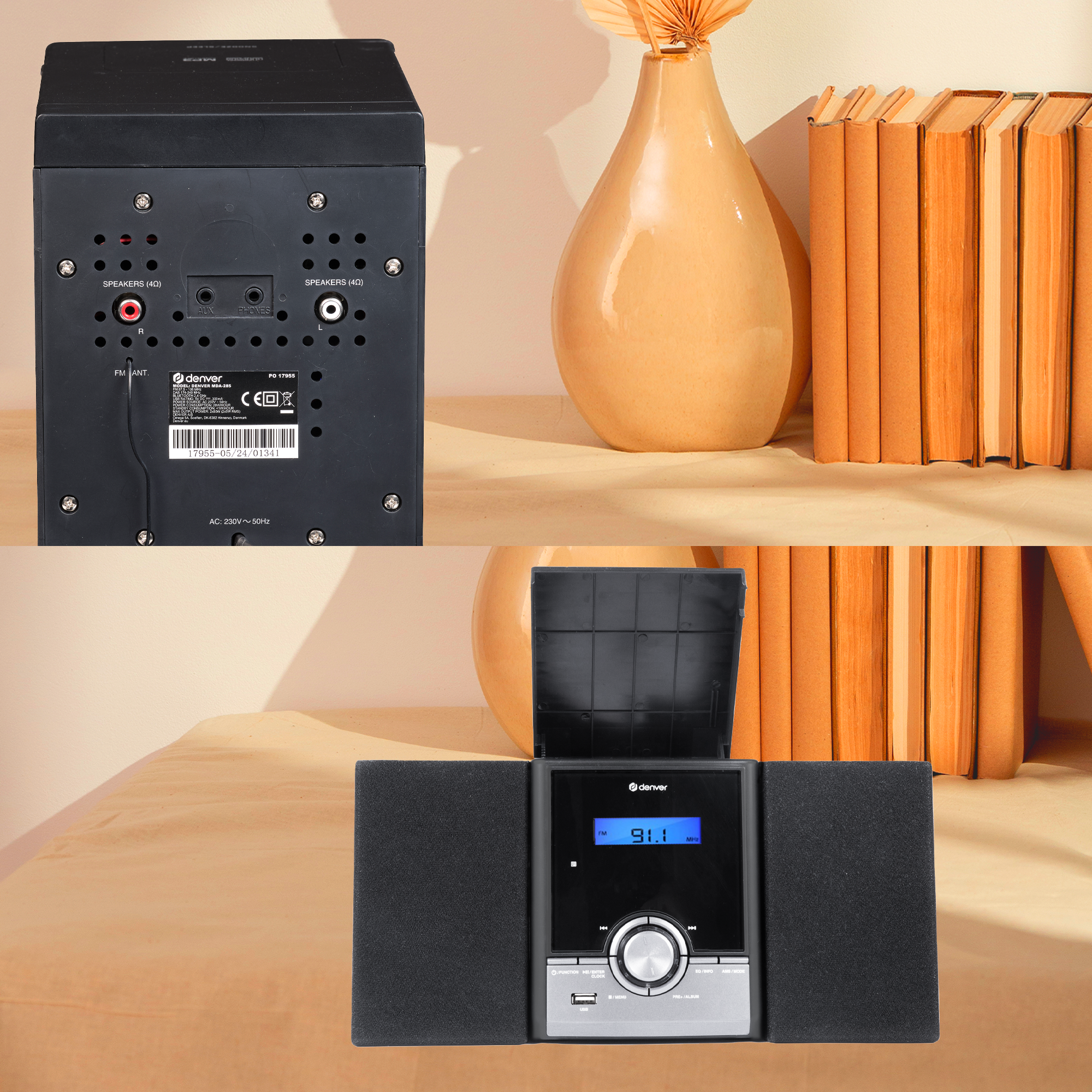 Czarny system stereo Denwer z głośnikami. Książki i wazon w tle.