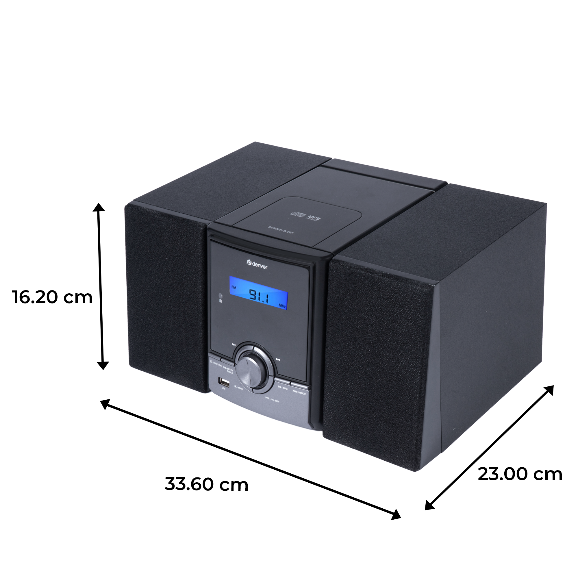 Czarny zestaw stereo. Odtwarzacz CD i głośniki. Wymiary: 33,60 cm, 23,00 cm i 16,20 cm.