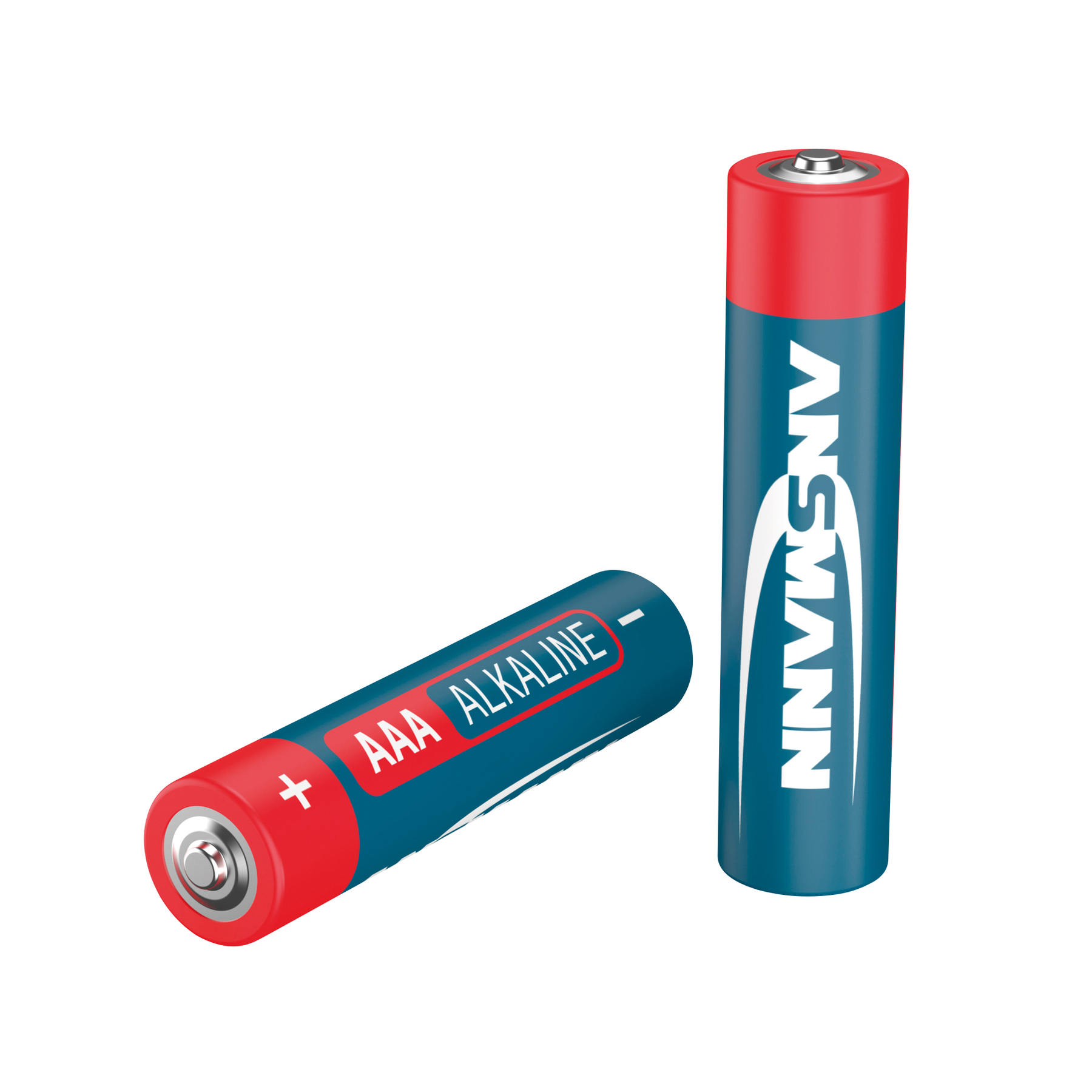 Zwei AAA-Alkaline-Batterien. Eine liegt auf einer Oberfläche, die andere steht. Beide sind rot und blau.