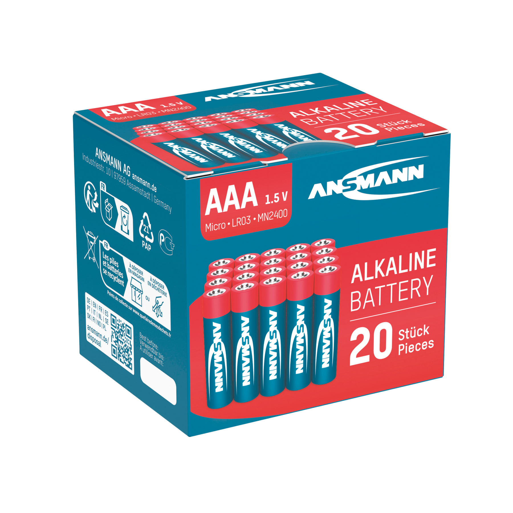 Eine Schachtel mit AAA-Batterien. Die Box ist rot, weiß und blau, mit Text und dem Ansmann-Logo.