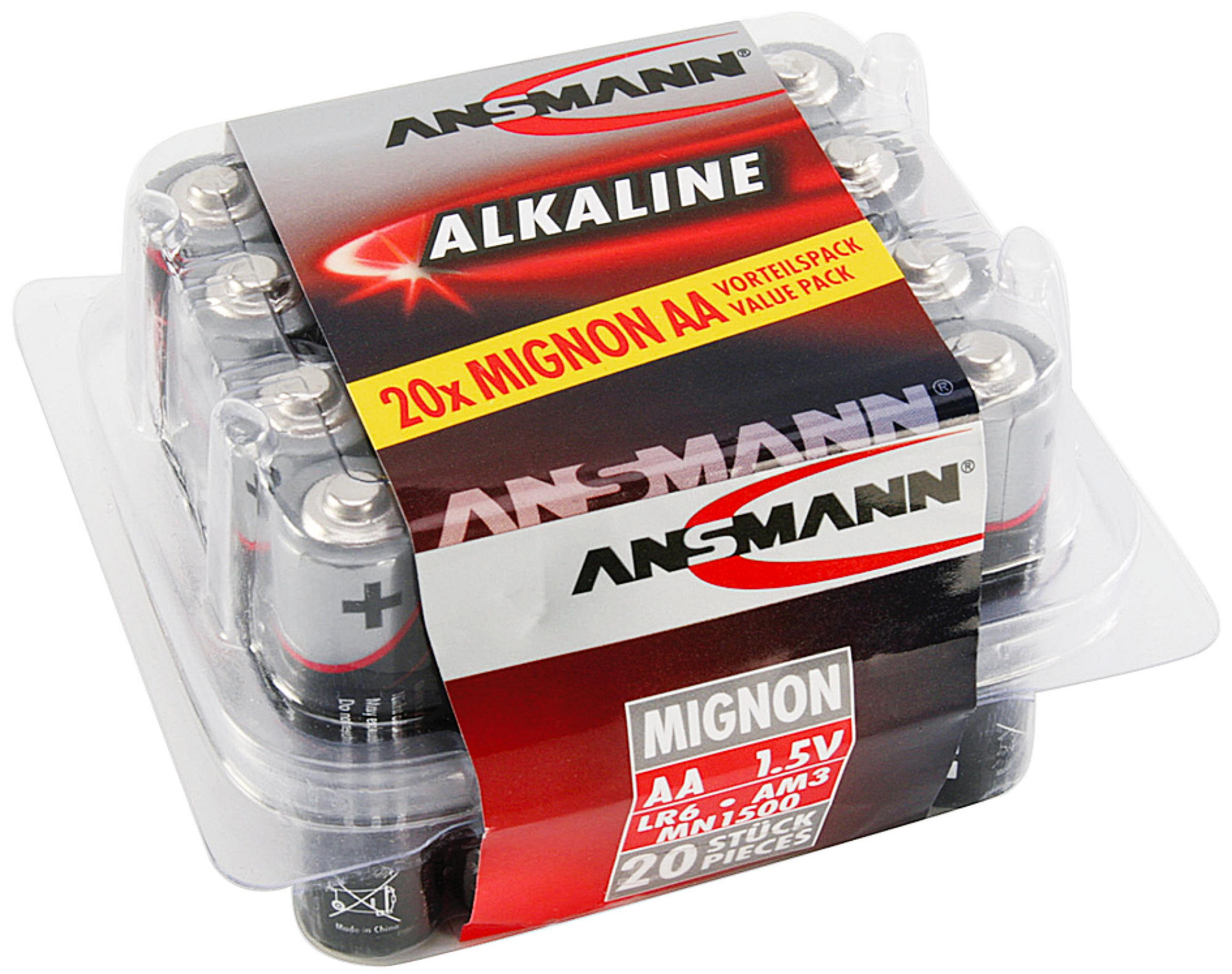 Opakowanie 20 baterii alkalicznych AA w plastikowym pojemniku. Tekst mówi 'Ansmann' i 'Alkaline'.