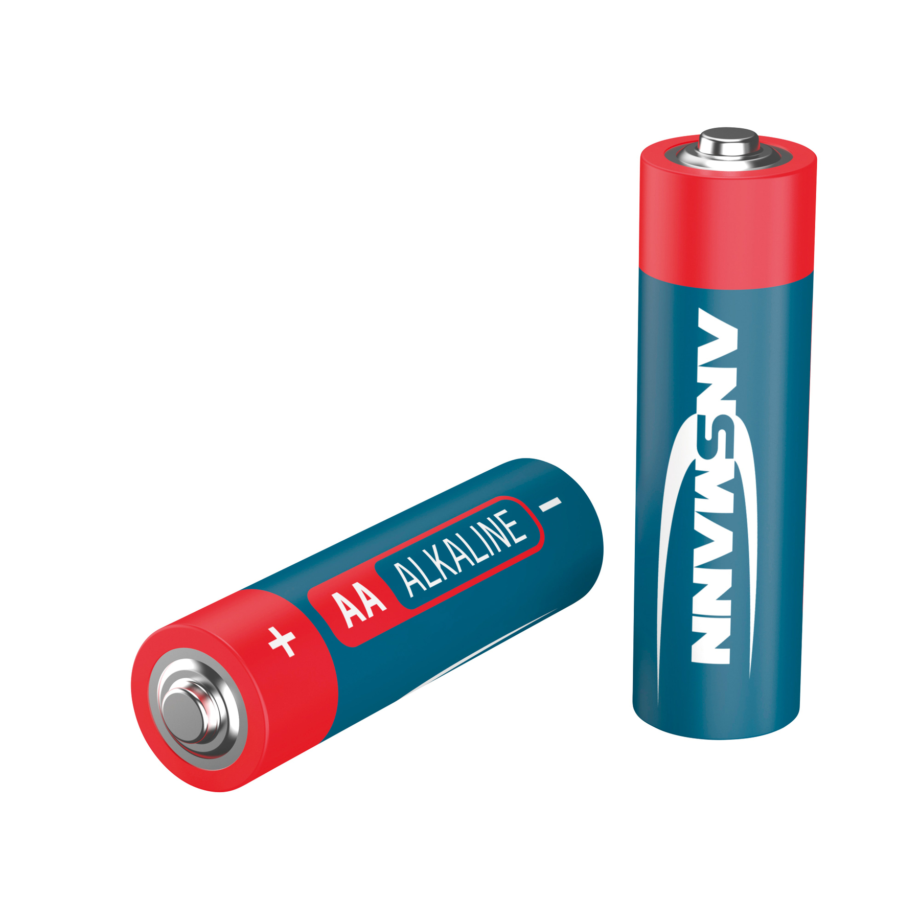 Dwie baterie alkaliczne AA, jedna leżąca i jedna stojąca. Schemat kolorów niebieski i czerwony.
