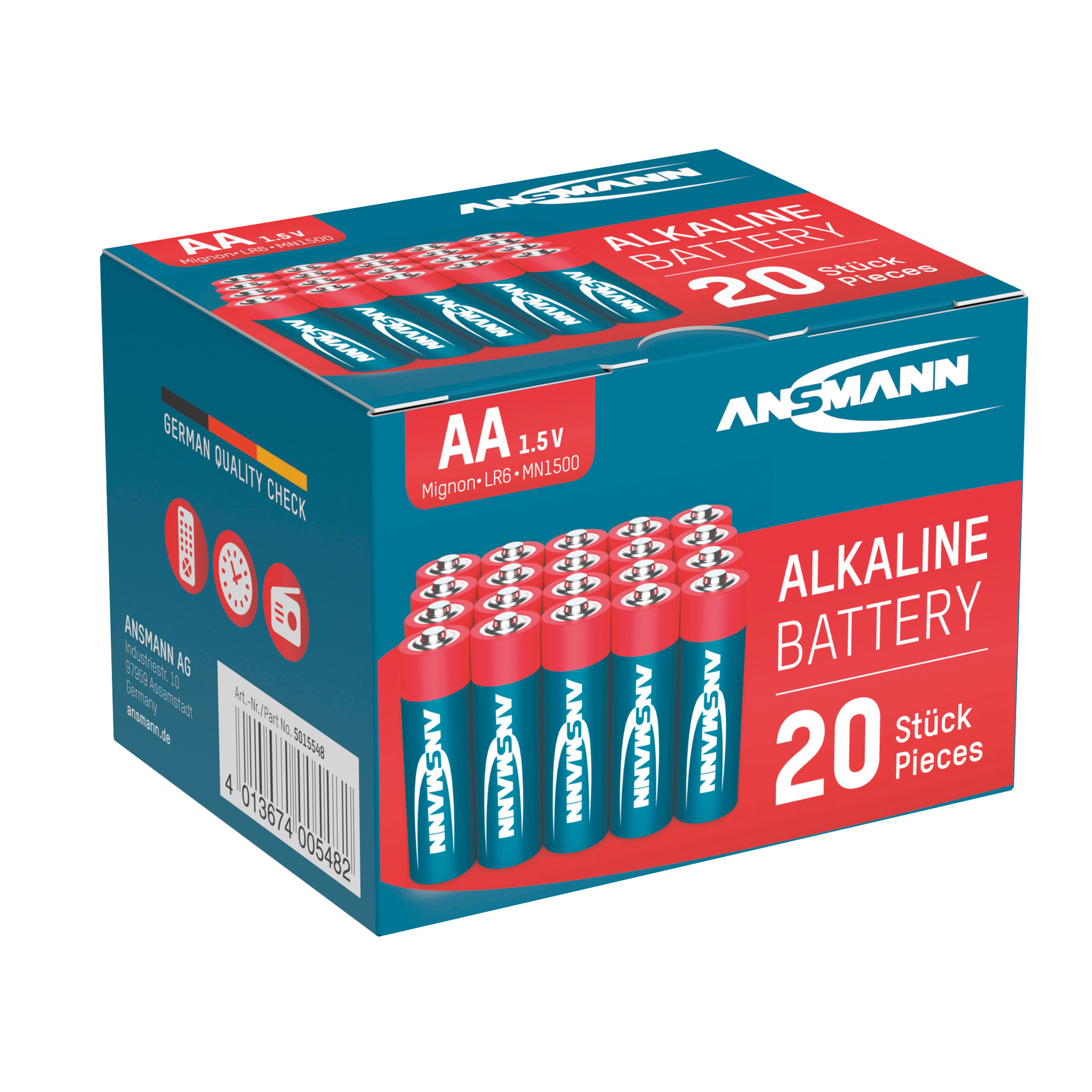 Pudełko 20 baterii alkalicznych AA. Czerwono-niebieskie pudełko z białym tekstem.