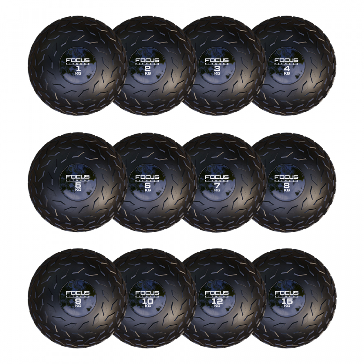 Plusieurs ballons médicaux noirs avec le logo Focus Fitness et des indications de poids.