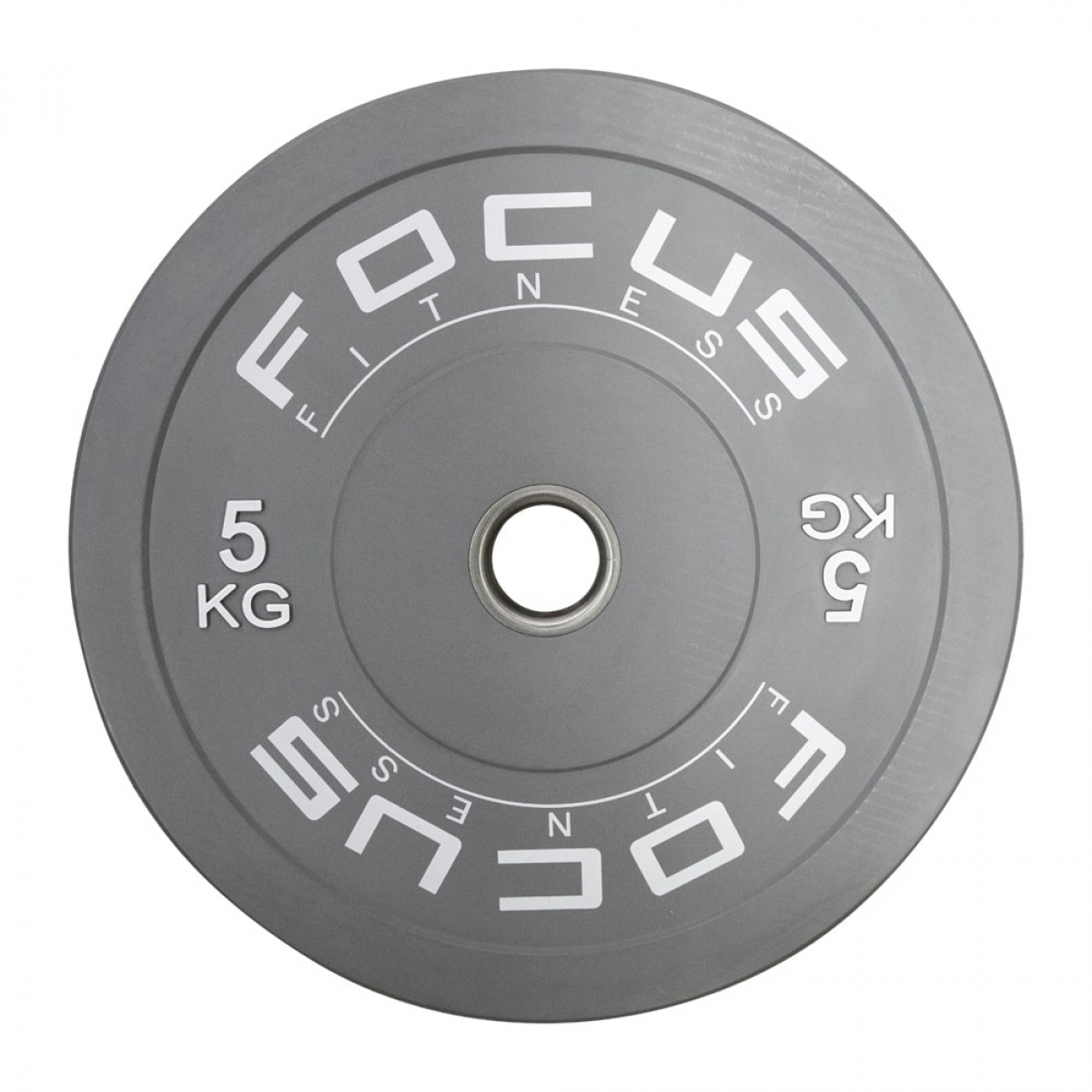 Grijze 5 kg gewichtplaat met Focus Fitness logo, geïsoleerd op wit.