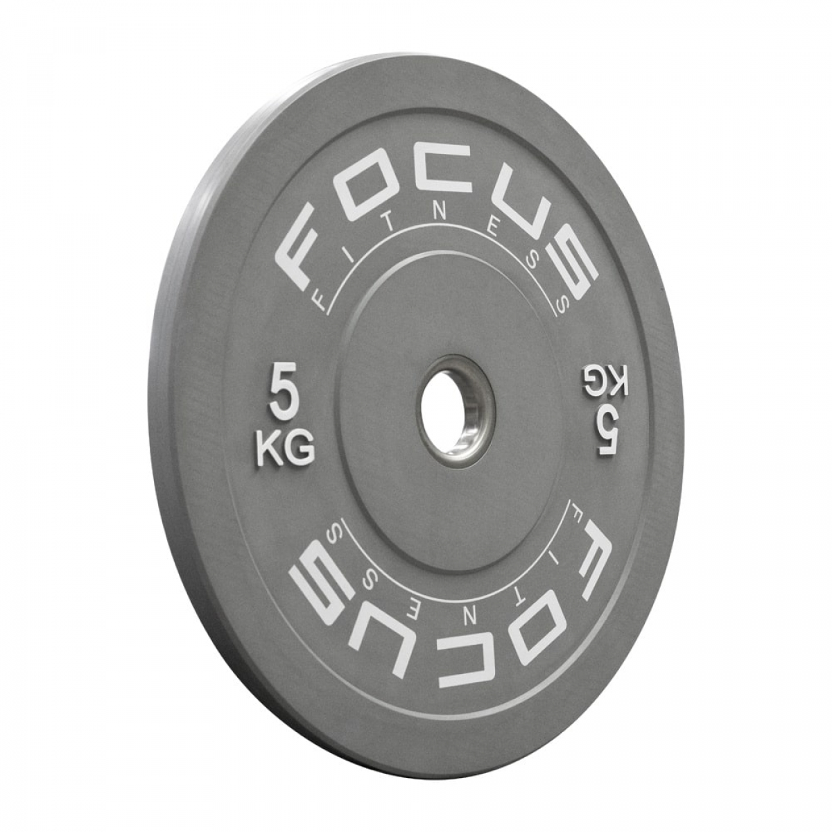 Grijze Focus Fitness gewichtschijf, 5 kg, met witte tekst.