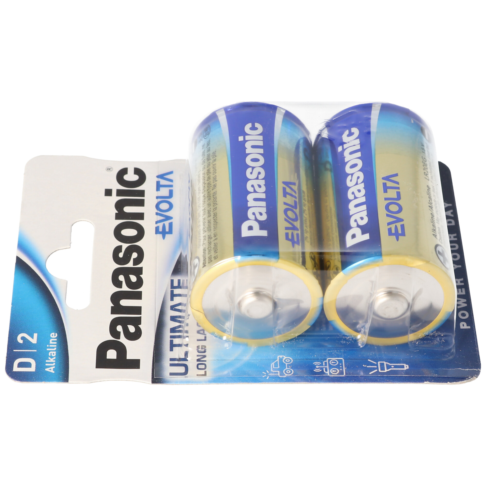 Dwie baterie alkaliczne Panasonic EVOLTA D2 w blistrze.